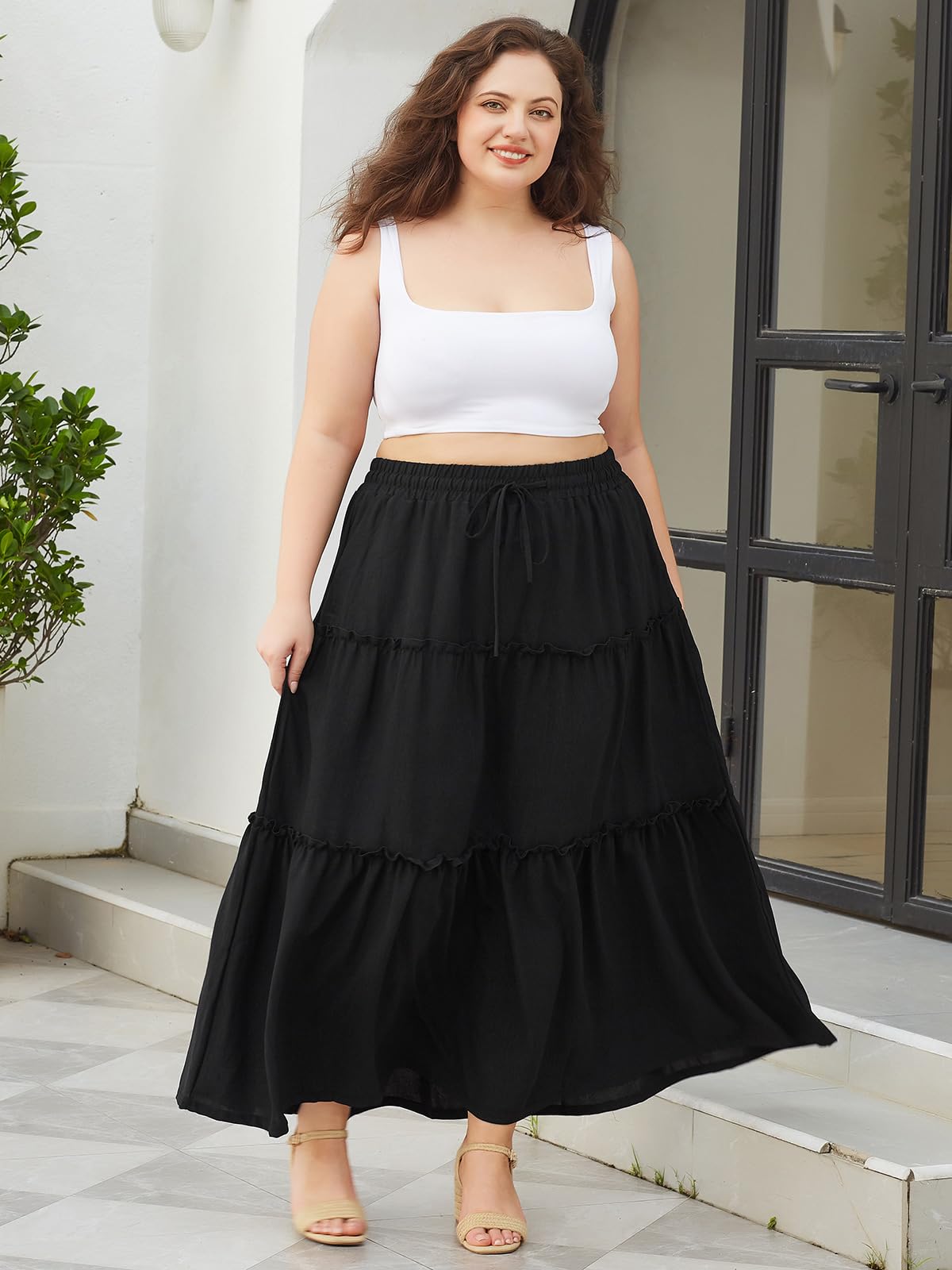 Woochic Jupe Longue d'Été Femme Grande Taille Haute Plissée Coupe A