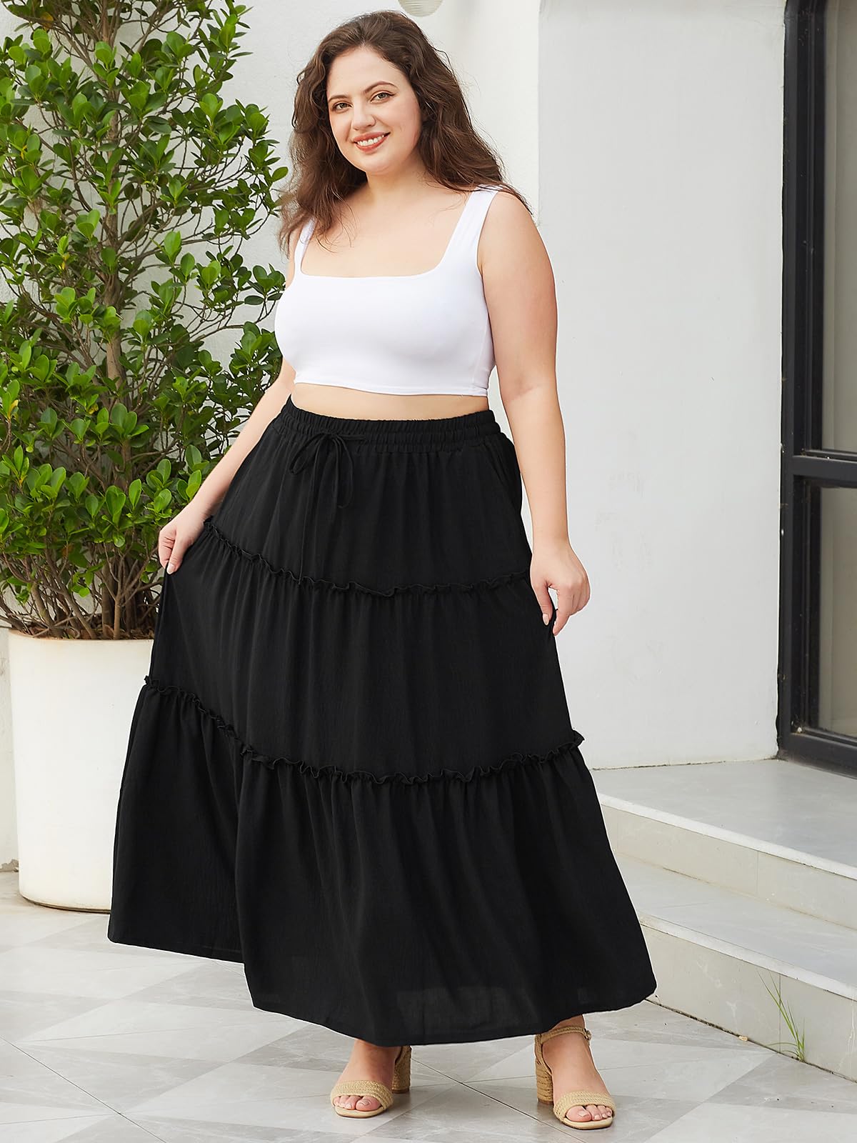 Woochic Jupe Longue d'Été Femme Grande Taille Haute Plissée Coupe A