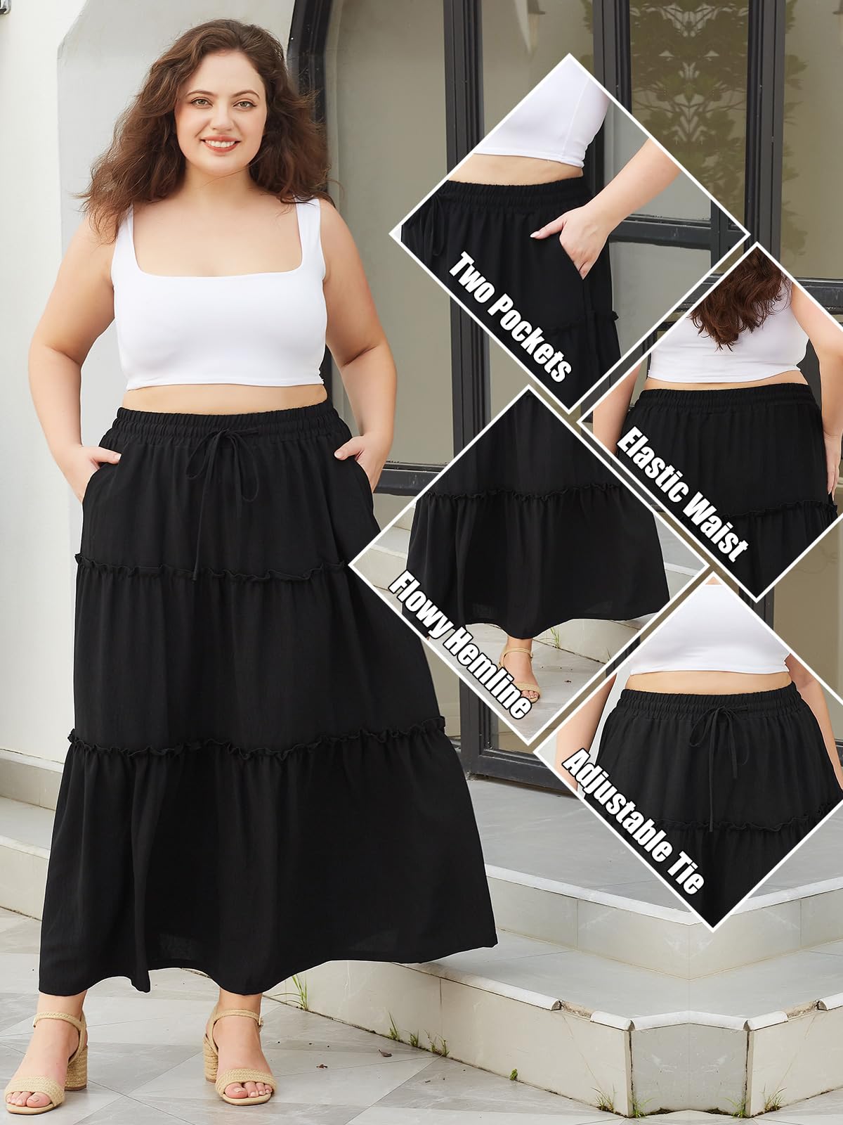 Woochic Jupe Longue d'Été Femme Grande Taille Haute Plissée Coupe A