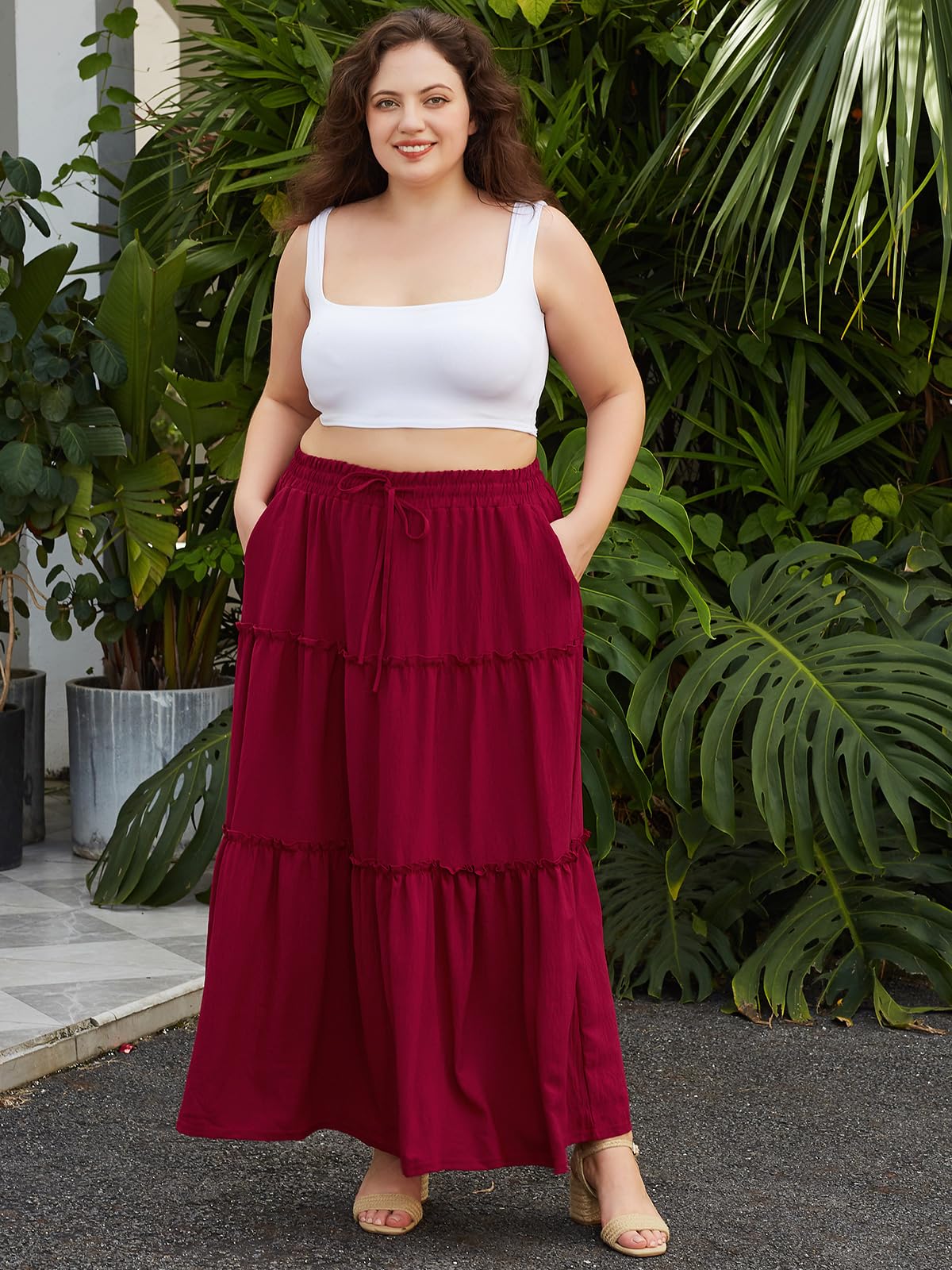 Woochic Jupe Longue d'Été Femme Grande Taille Haute Plissée Coupe A