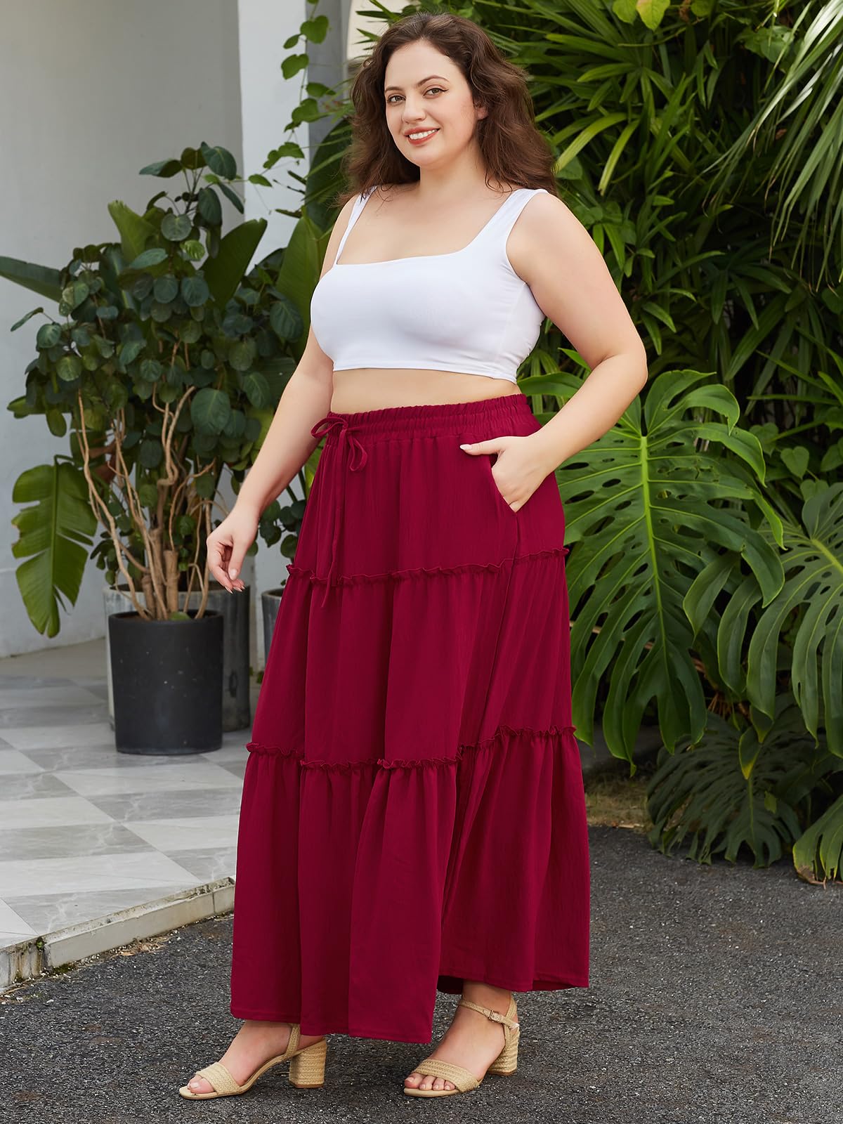 Woochic Jupe Longue d'Été Femme Grande Taille Haute Plissée Coupe A