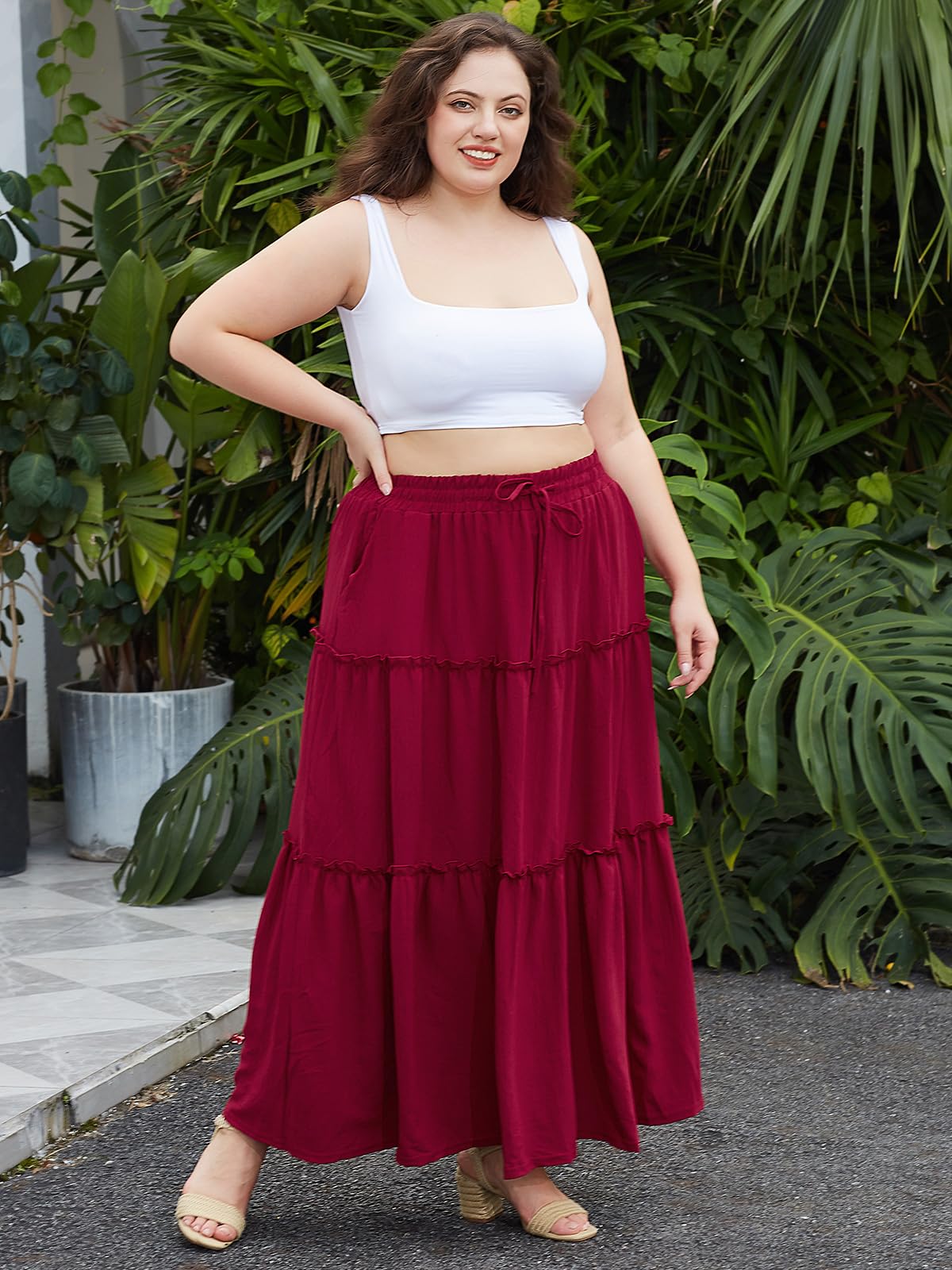 Woochic Jupe Longue d'Été Femme Grande Taille Haute Plissée Coupe A