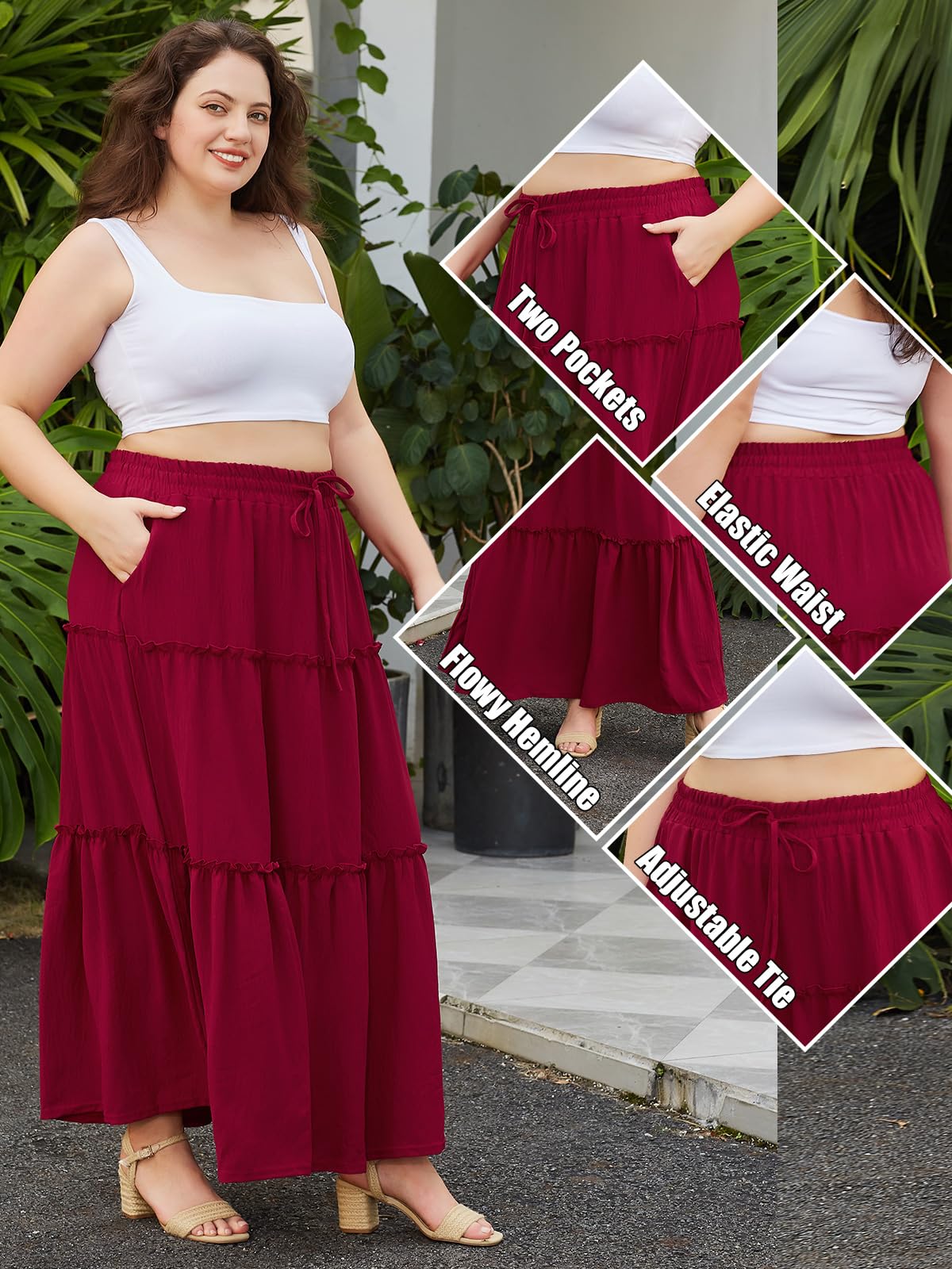 Woochic Jupe Longue d'Été Femme Grande Taille Haute Plissée Coupe A
