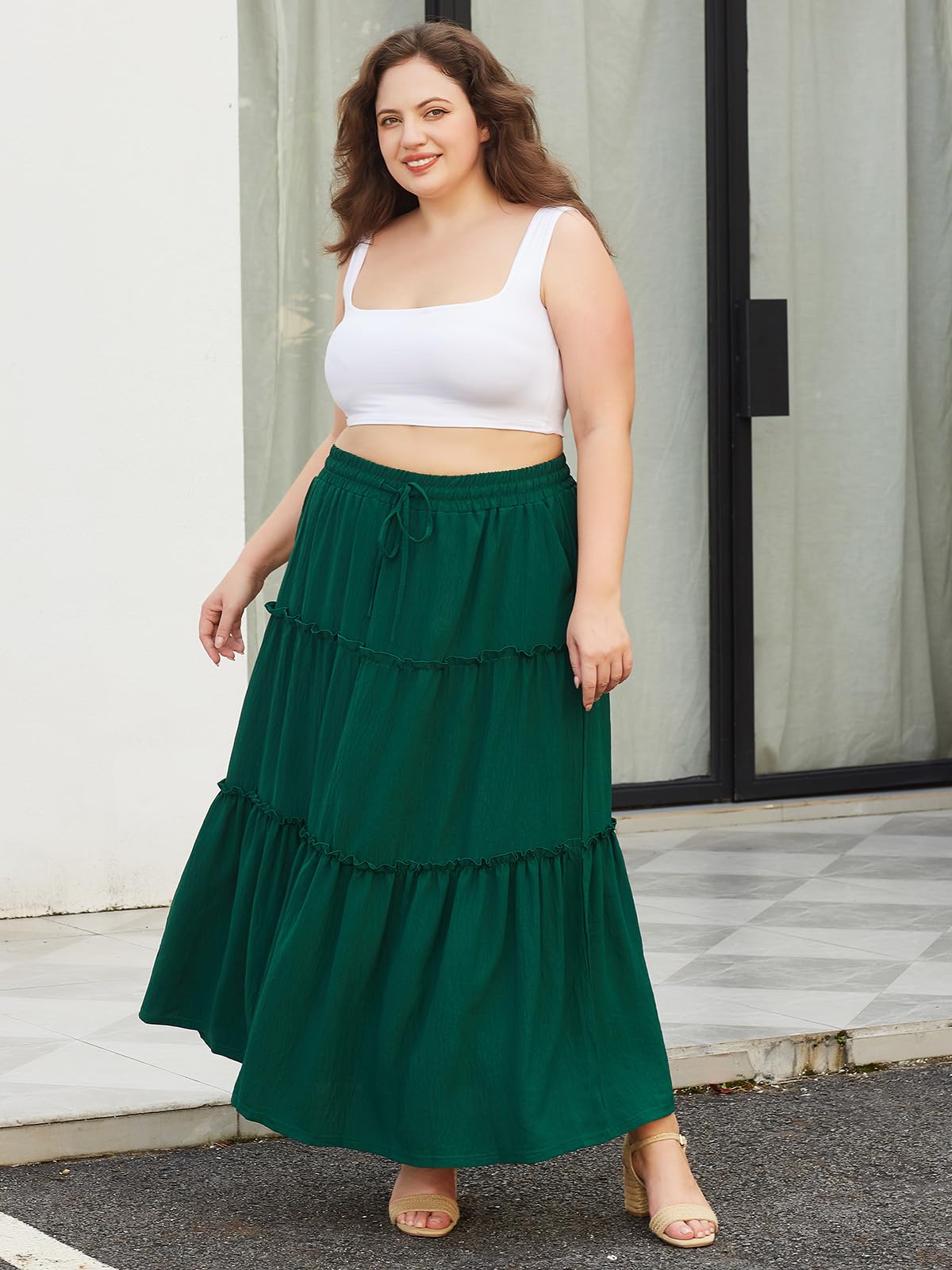 Woochic Jupe Longue d'Été Femme Grande Taille Haute Plissée Coupe A