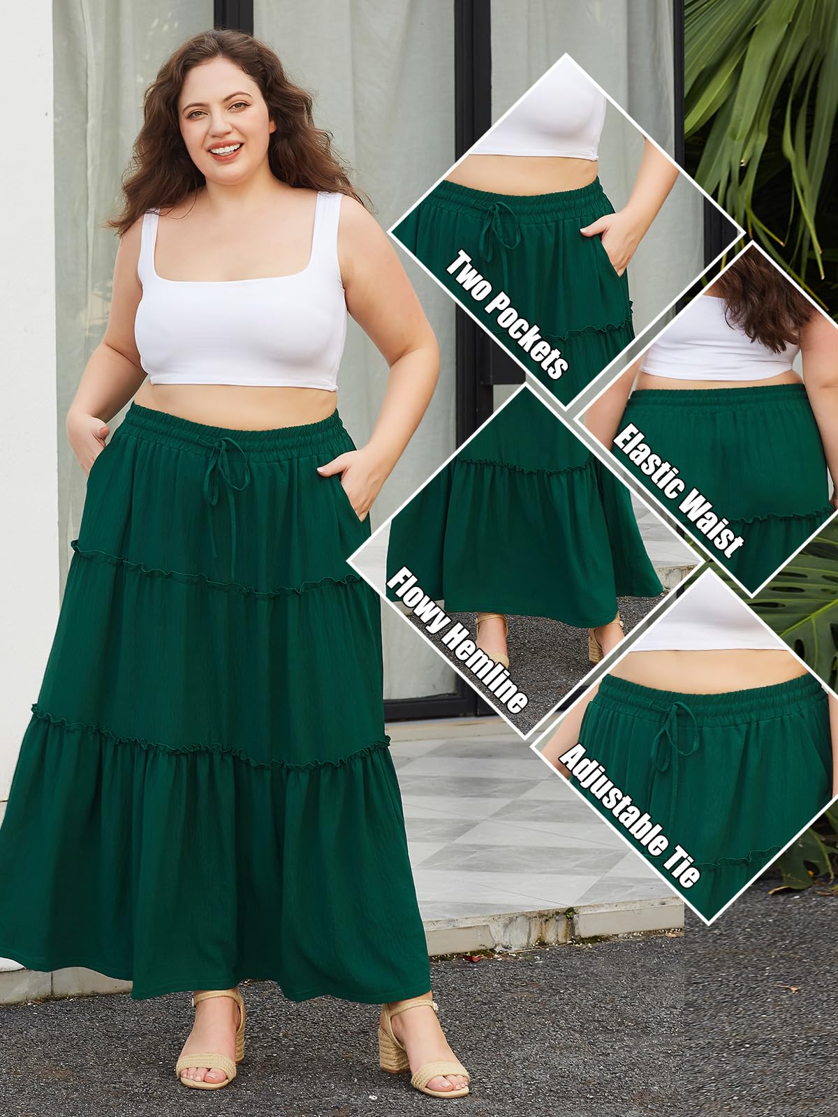 Woochic Jupe Longue d'Été Femme Grande Taille Haute Plissée Coupe A