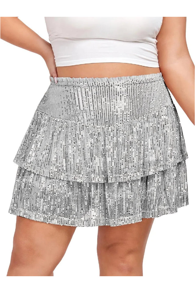 Woochic Jupe à paillettes femme Mini jupe sequin brillant pour soiré Grande taille Argenté XL