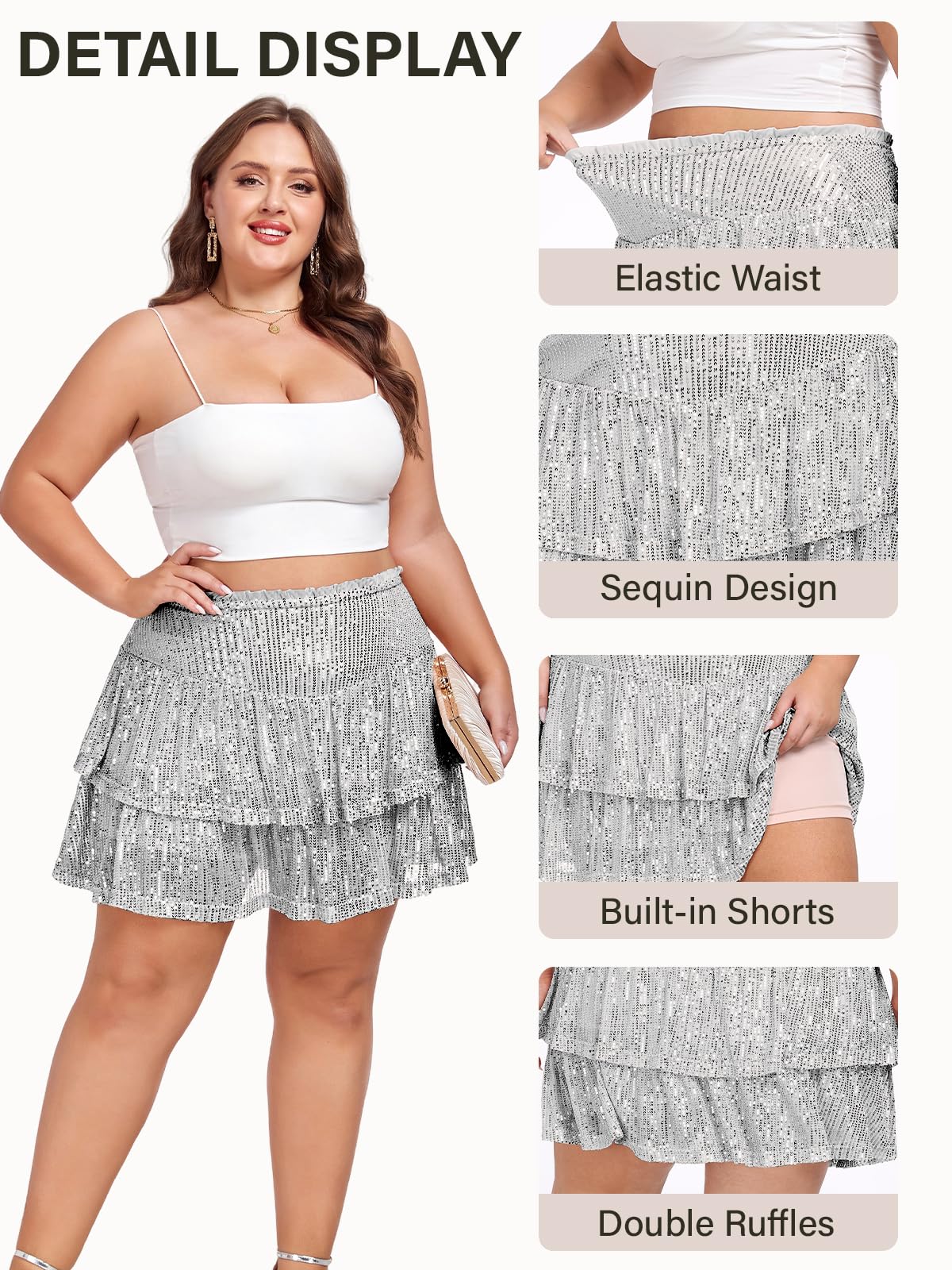Woochic Jupe à paillettes femme Mini jupe sequin brillant pour soiré Grande taille