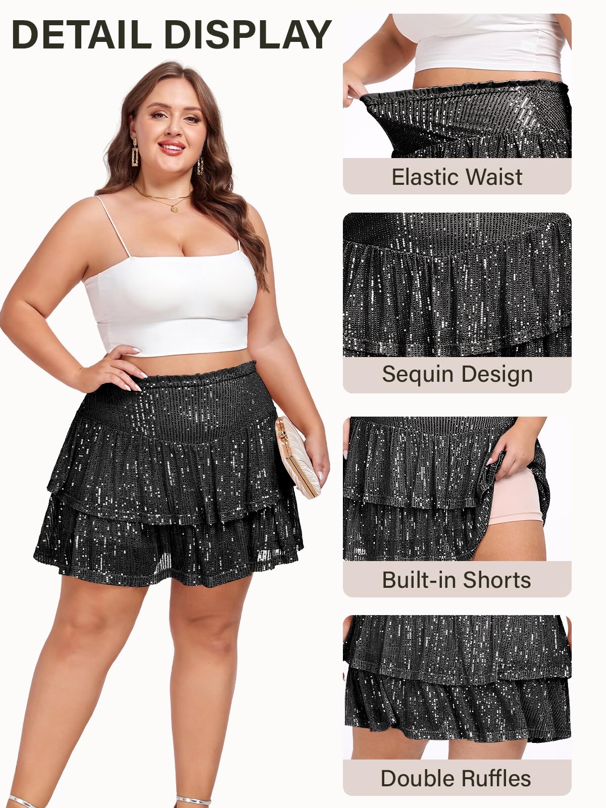 Woochic Jupe à paillettes femme Mini jupe sequin brillant pour soiré Grande taille