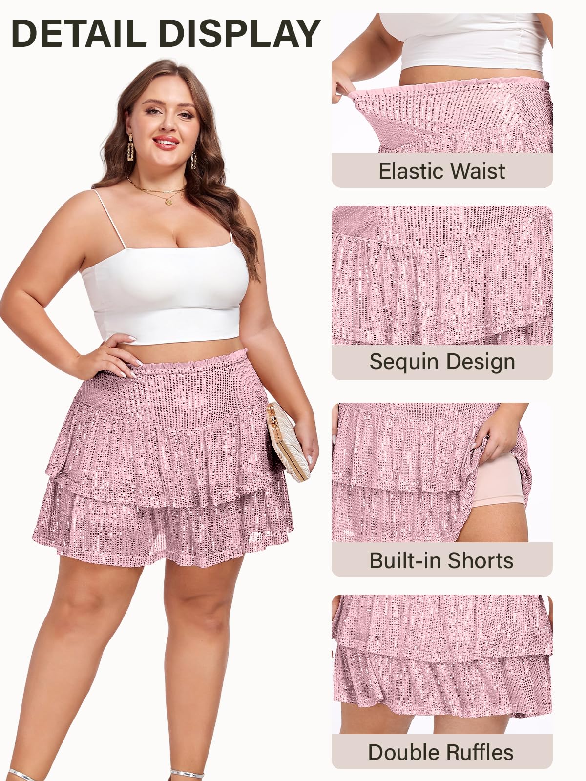 Woochic Jupe à paillettes femme Mini jupe sequin brillant pour soiré Grande taille