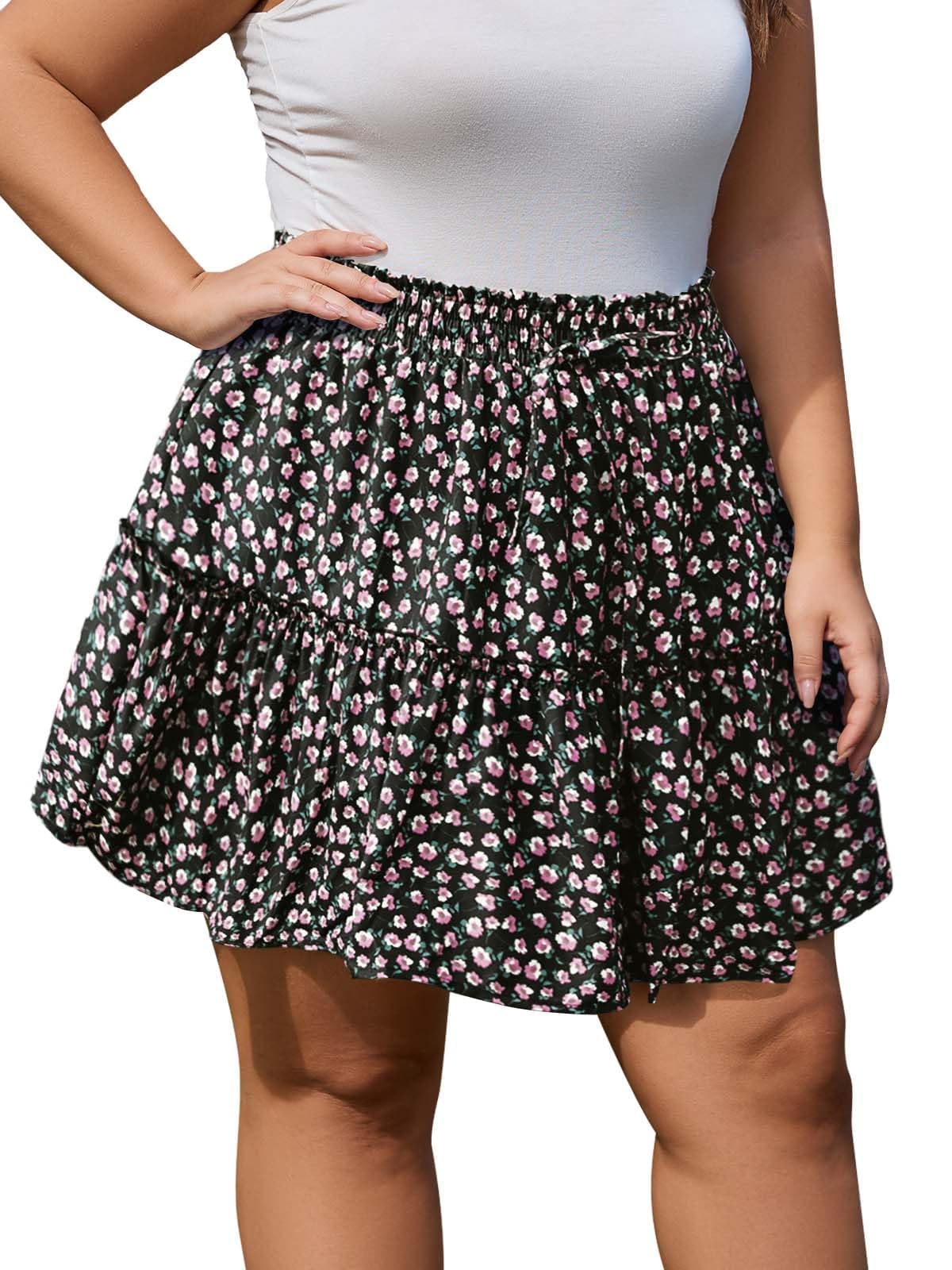 Woochic Jupe courte florale à volants Taille haute élastique Fleur02 XL