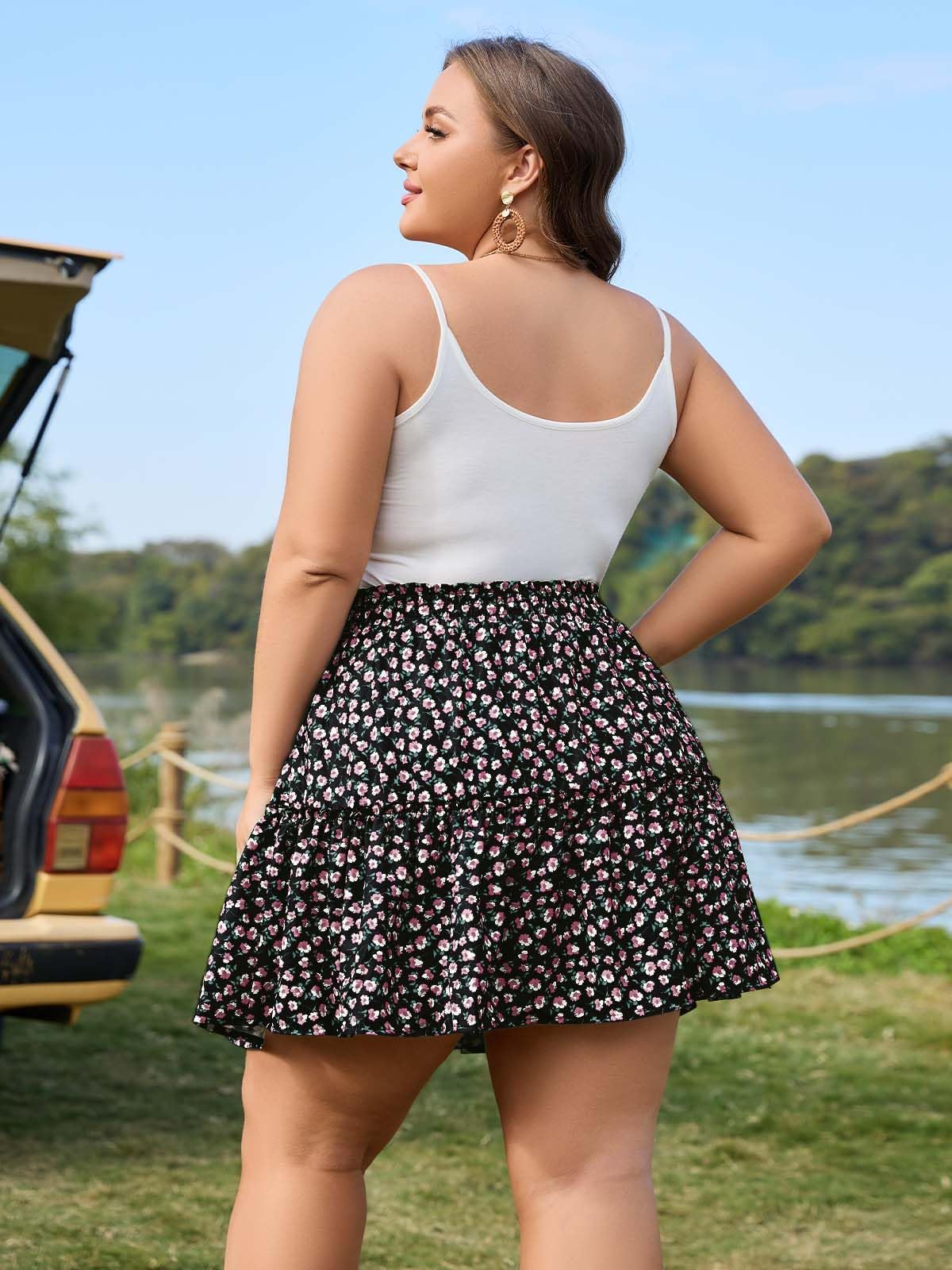 Woochic Jupe courte florale à volants Taille haute élastique
