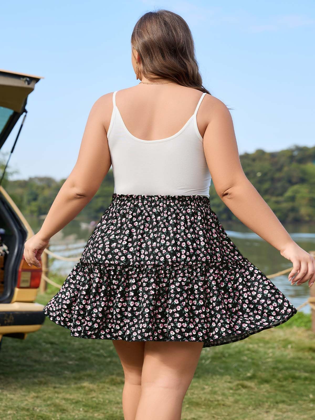 Woochic Jupe courte florale à volants Taille haute élastique