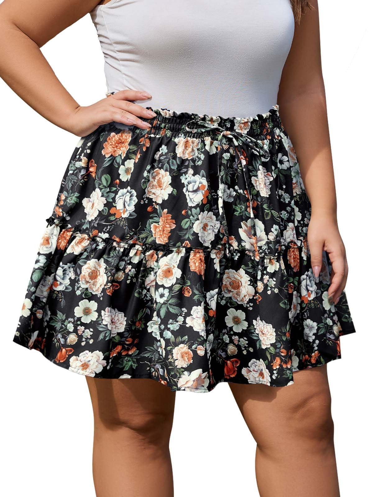Woochic Jupe courte florale à volants Taille haute élastique Fleur03 XL