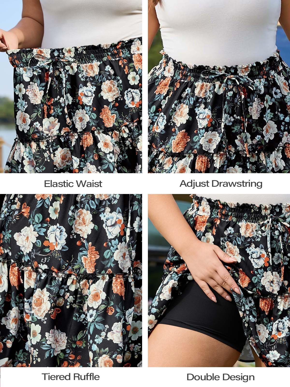 Woochic Jupe courte florale à volants Taille haute élastique