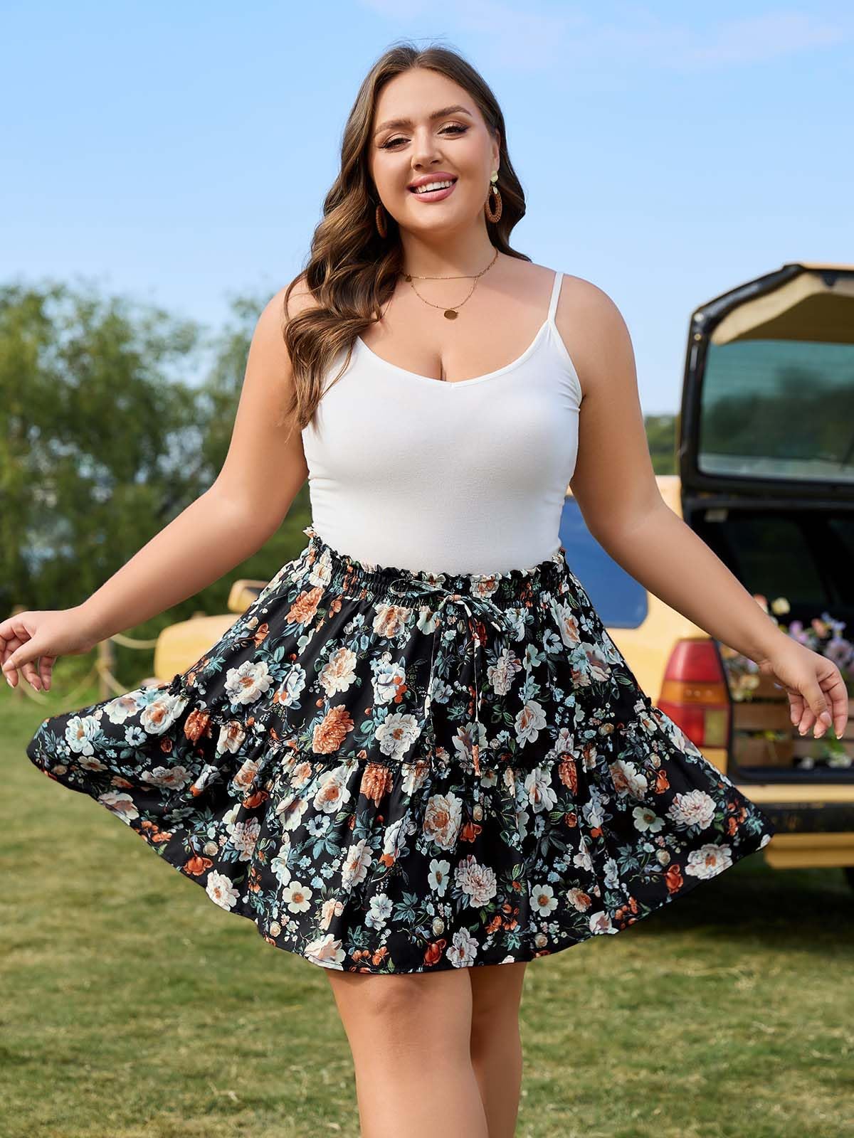 Woochic Jupe courte florale à volants Taille haute élastique