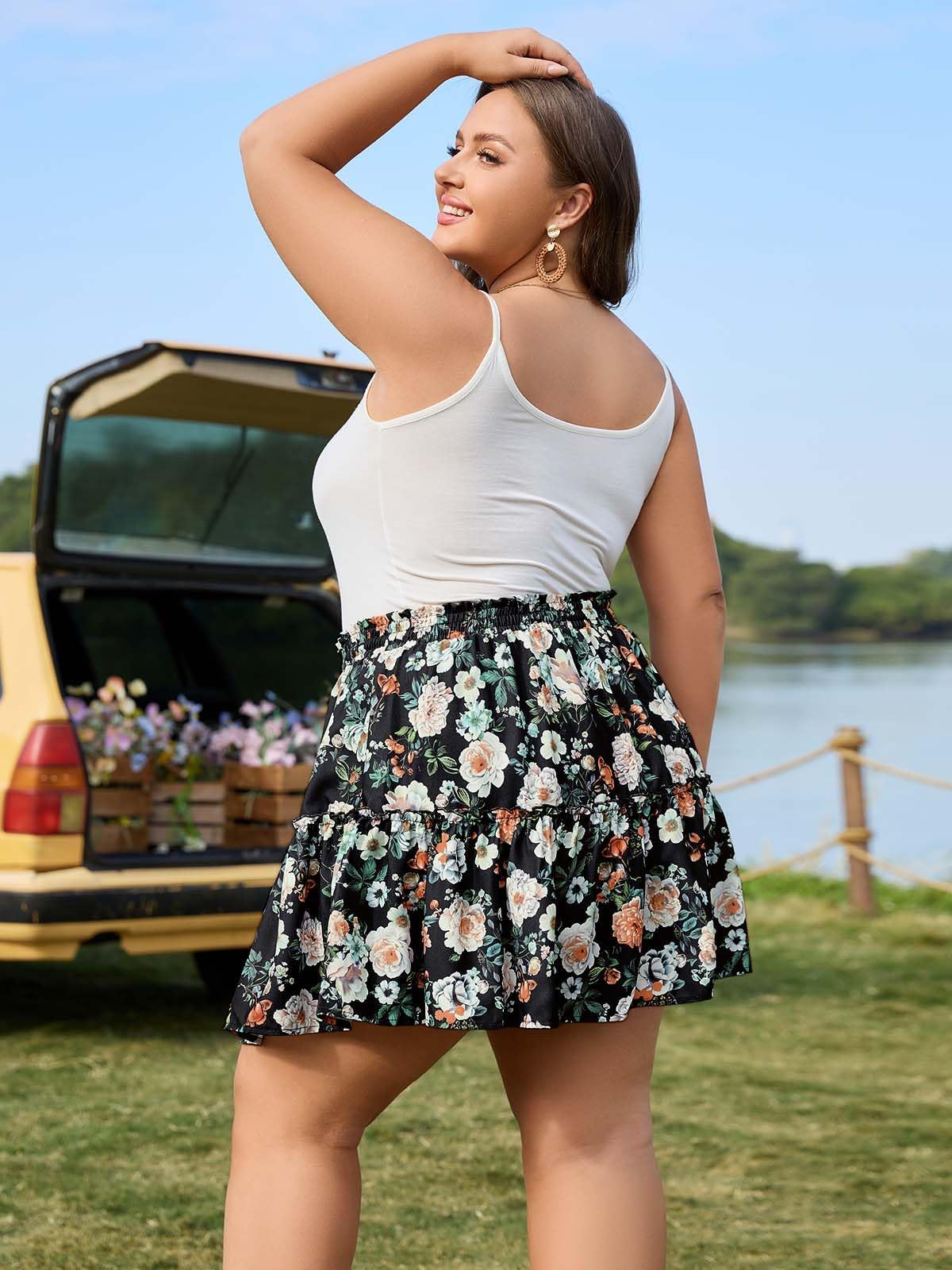 Woochic Jupe courte florale à volants Taille haute élastique