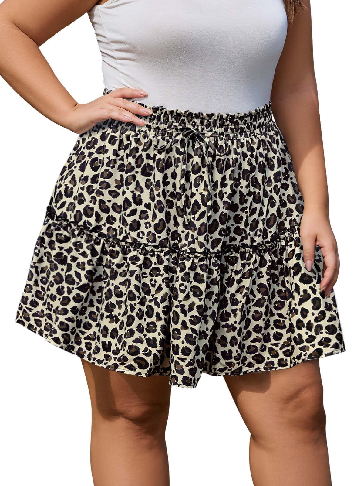 Woochic Jupe courte florale à volants Taille haute élastique Léopard XL