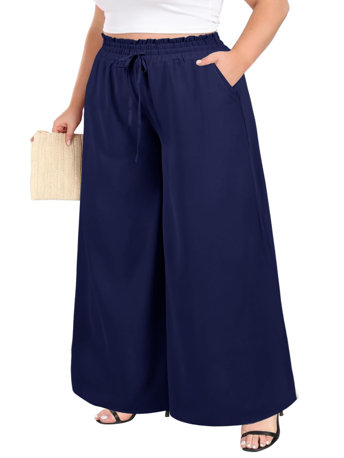 Woochic Pantalon Femme Large Taille Haute Bohème Élégant Bleu L