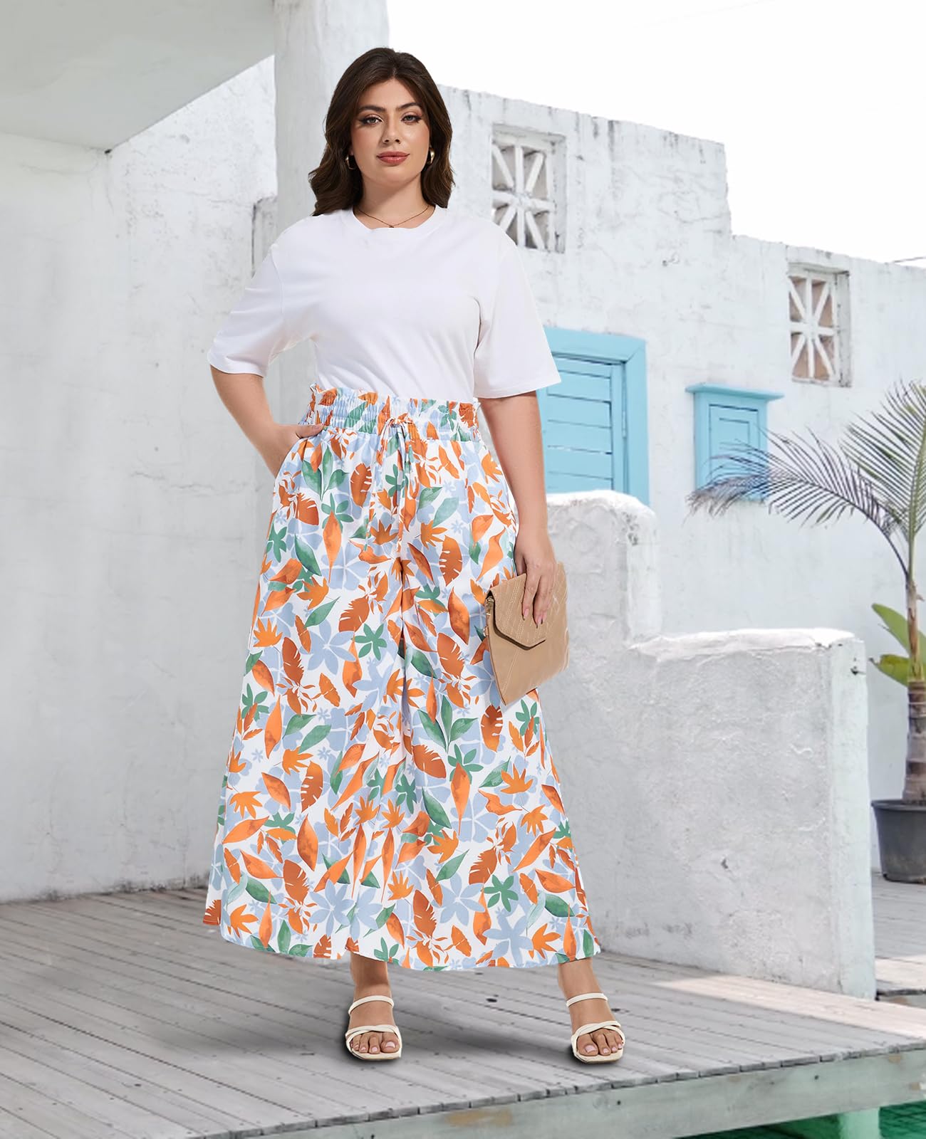 Woochic Pantalon Femme Large Taille Haute Bohème Élégant
