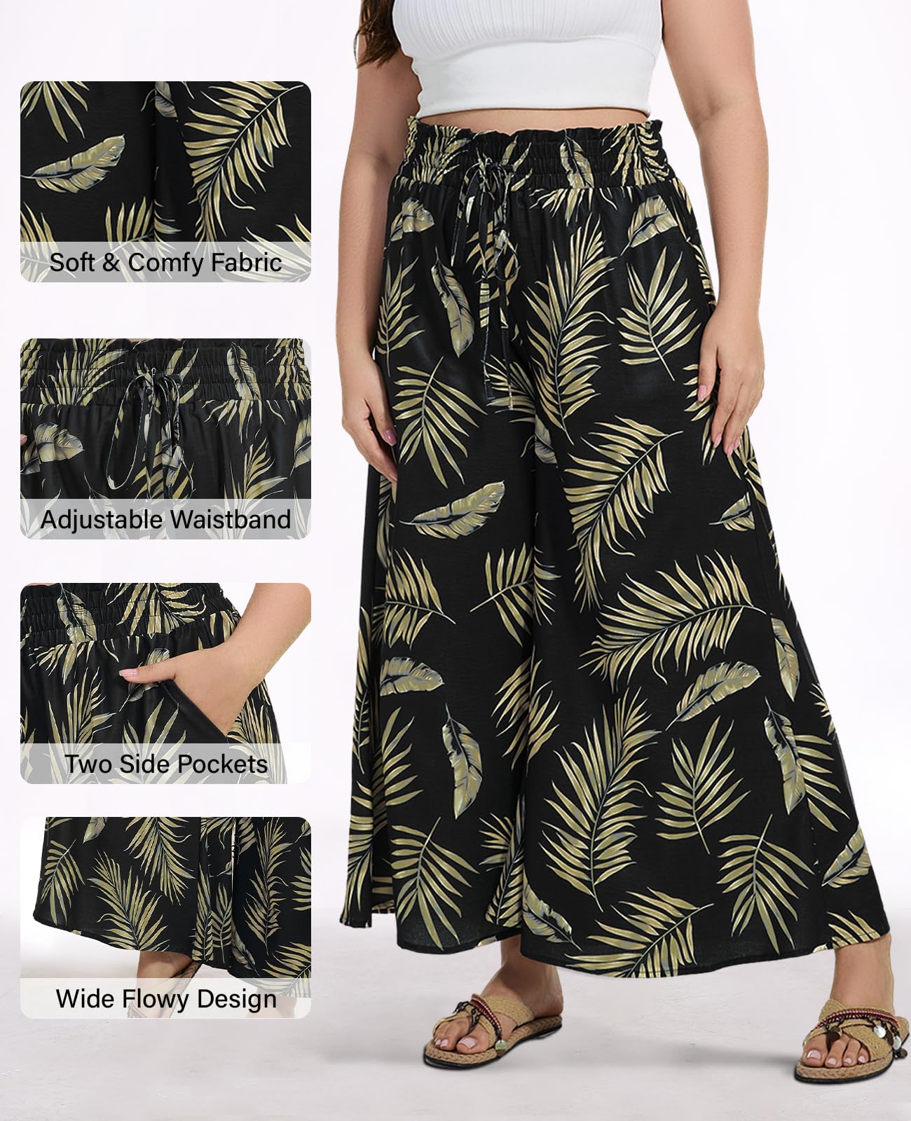 Woochic Pantalon Femme Large Taille Haute Bohème Élégant