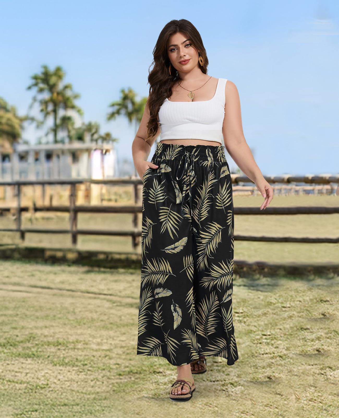Woochic Pantalon Femme Large Taille Haute Bohème Élégant