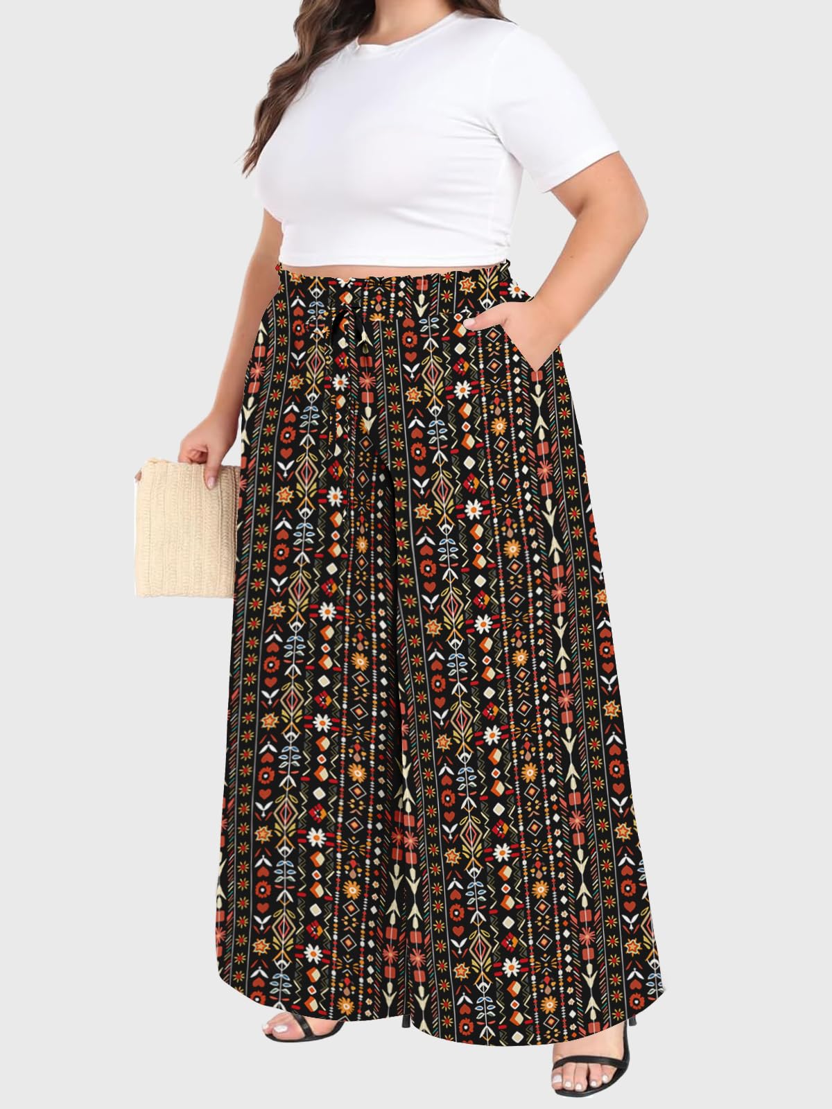 Woochic Pantalon Femme Large Taille Haute Bohème Élégant