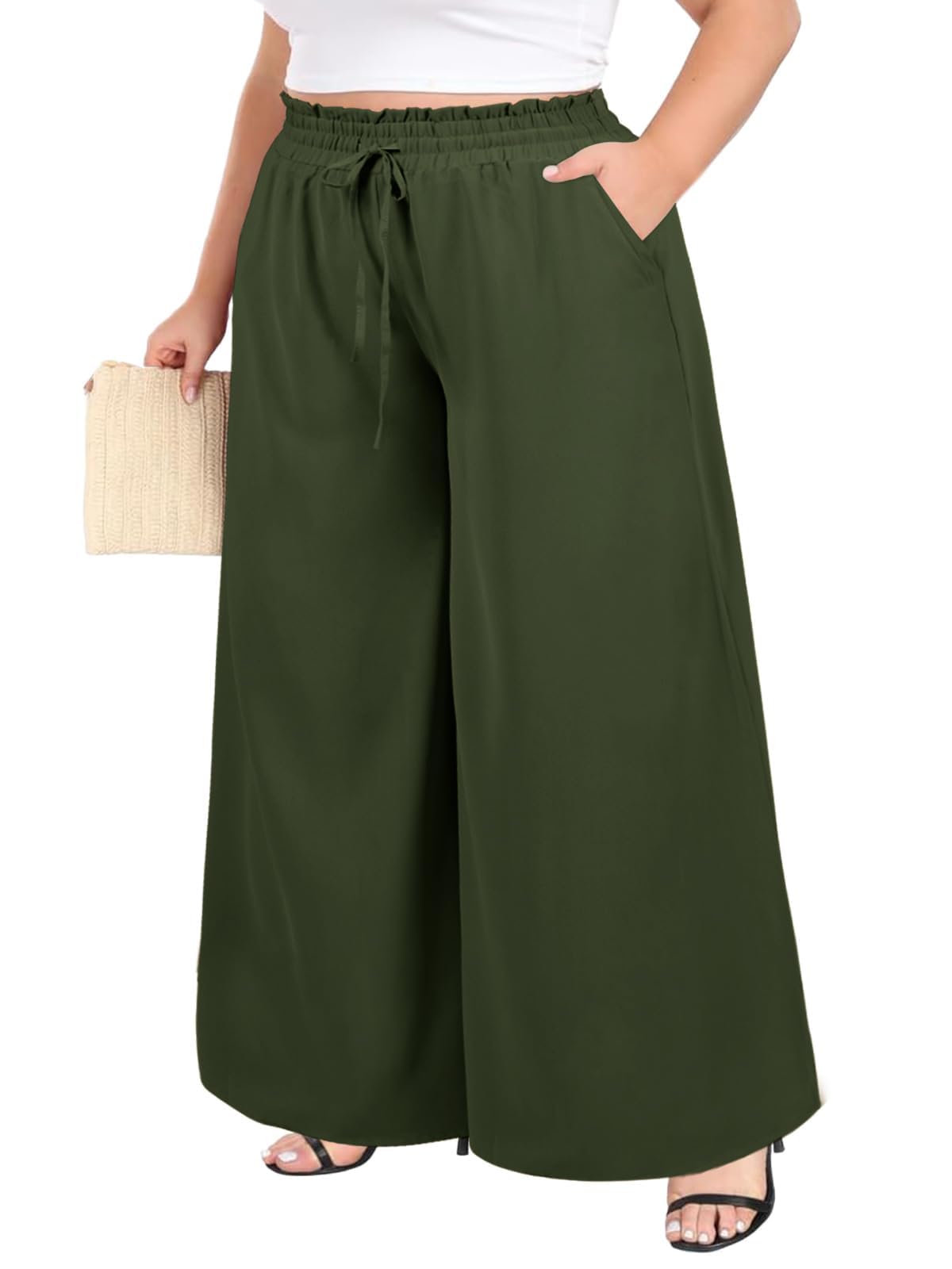 Woochic Pantalon Femme Large Taille Haute Bohème Élégant Vert L