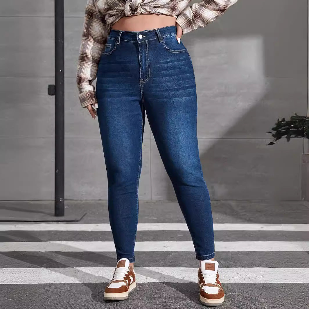 Woochic Pantalon grande taille denim slim pantalon crayon bleu foncé XL