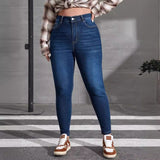 Woochic Pantalon grande taille denim slim pantalon crayon bleu foncé XL