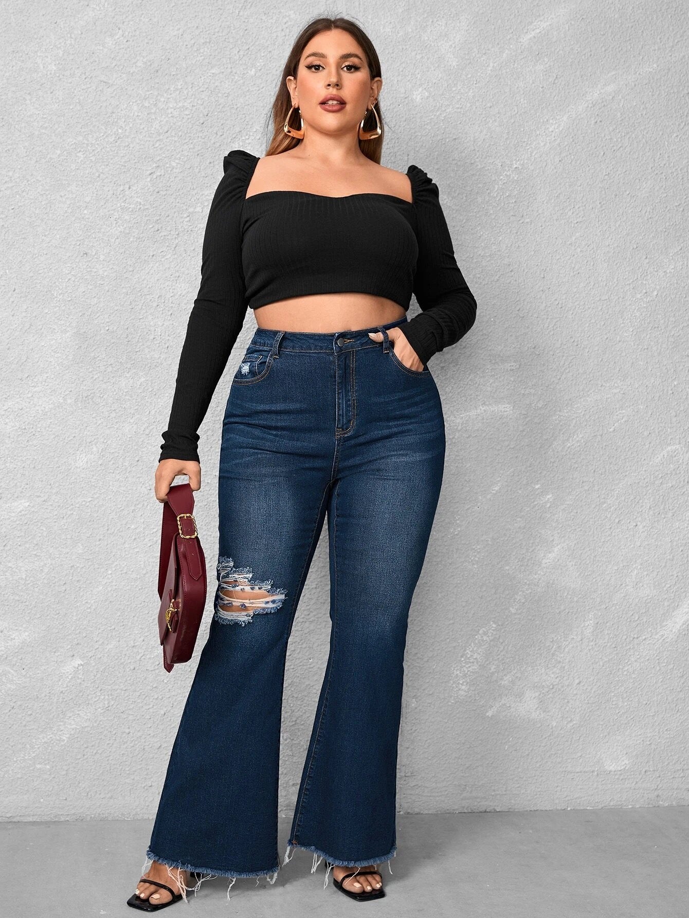Woochic Pantalon grande taille évasé denim déchiré à bords bruts