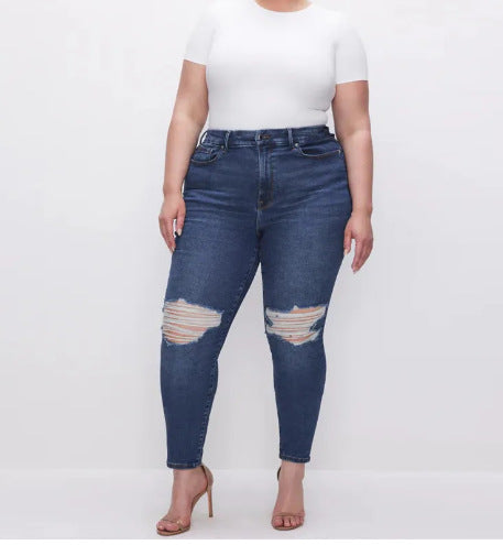 Woochic Pantalon grande taille extensible slim déchiré bleu1 XL