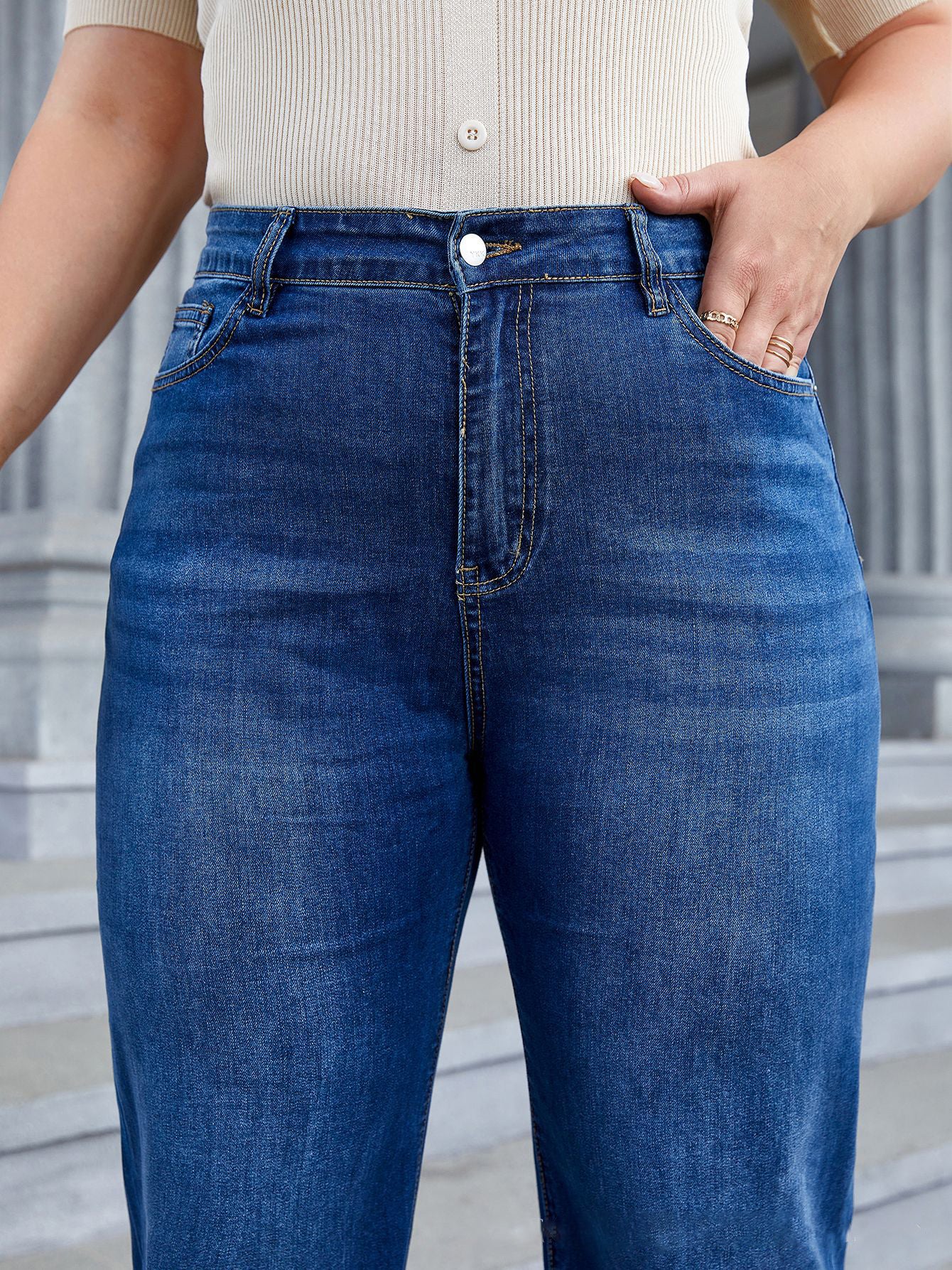 Woochic Pantalon grande taille large denim stretch taille haute