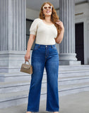 Woochic Pantalon grande taille large denim stretch taille haute