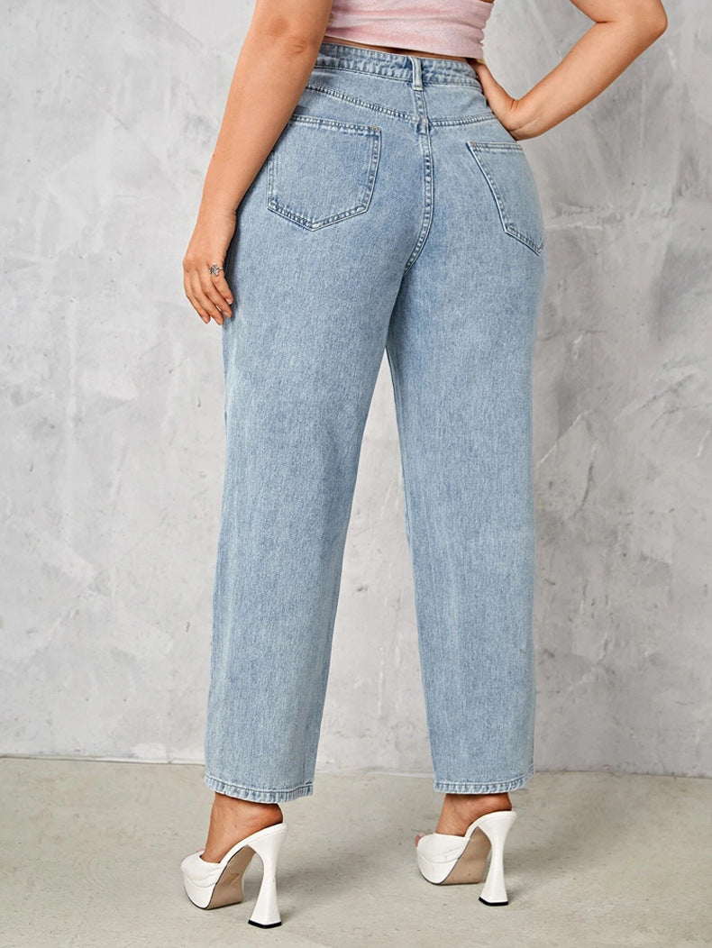Woochic Pantalon grande taille large denim stretch taille haute, long