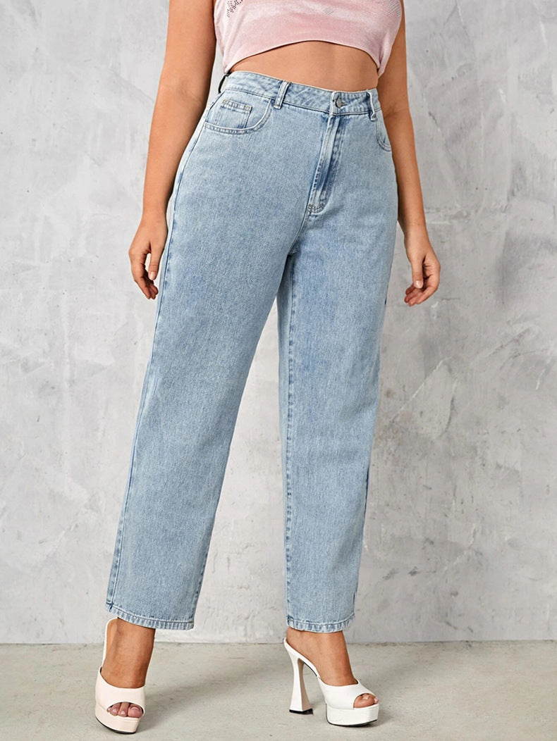 Woochic Pantalon grande taille large denim stretch taille haute, long
