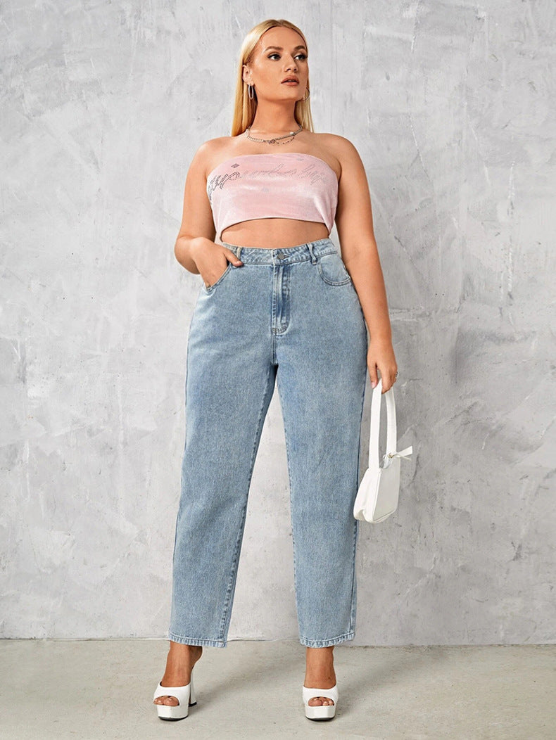 Woochic Pantalon grande taille large denim stretch taille haute, long