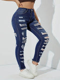 Woochic Pantalon grande taille mi-haut déchiré denim stretch à bords bruts