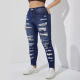 Woochic Pantalon grande taille mi-haut déchiré denim stretch à bords bruts