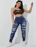 Woochic Pantalon grande taille mi-haut déchiré denim stretch à bords bruts