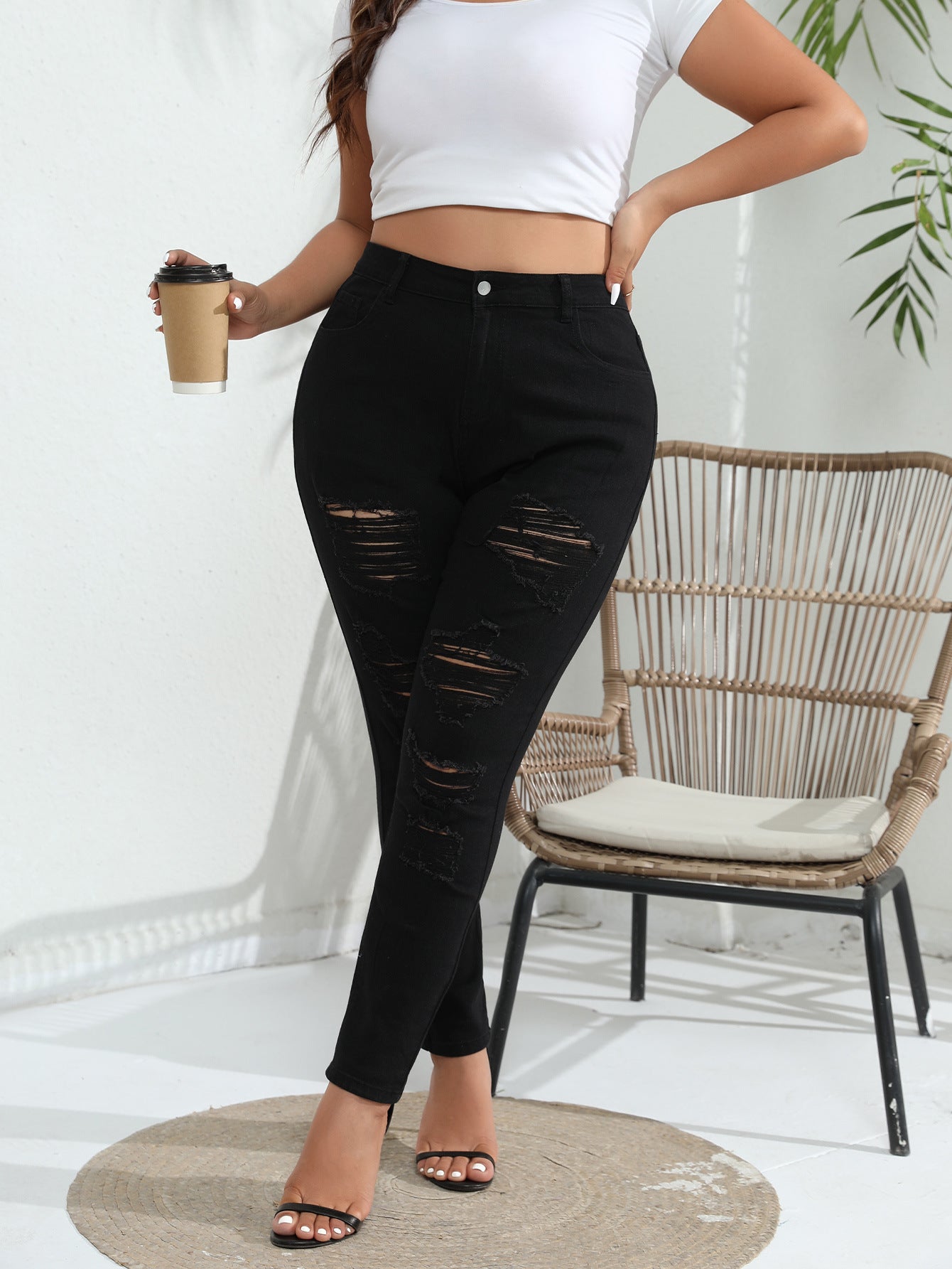 Woochic Pantalon grande taille mi-haut skinny déchiré denim stretch