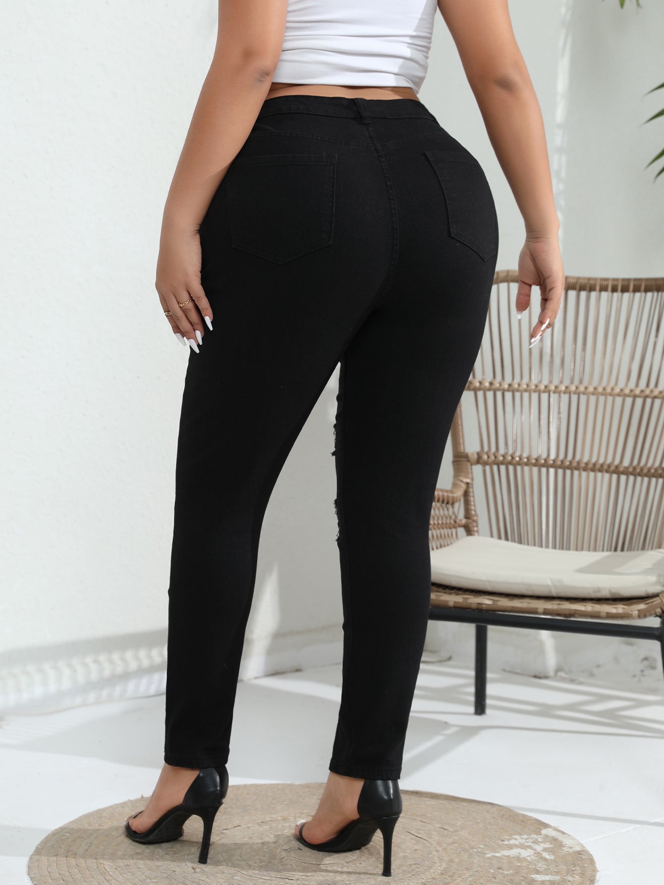 Woochic Pantalon grande taille mi-haut skinny déchiré denim stretch
