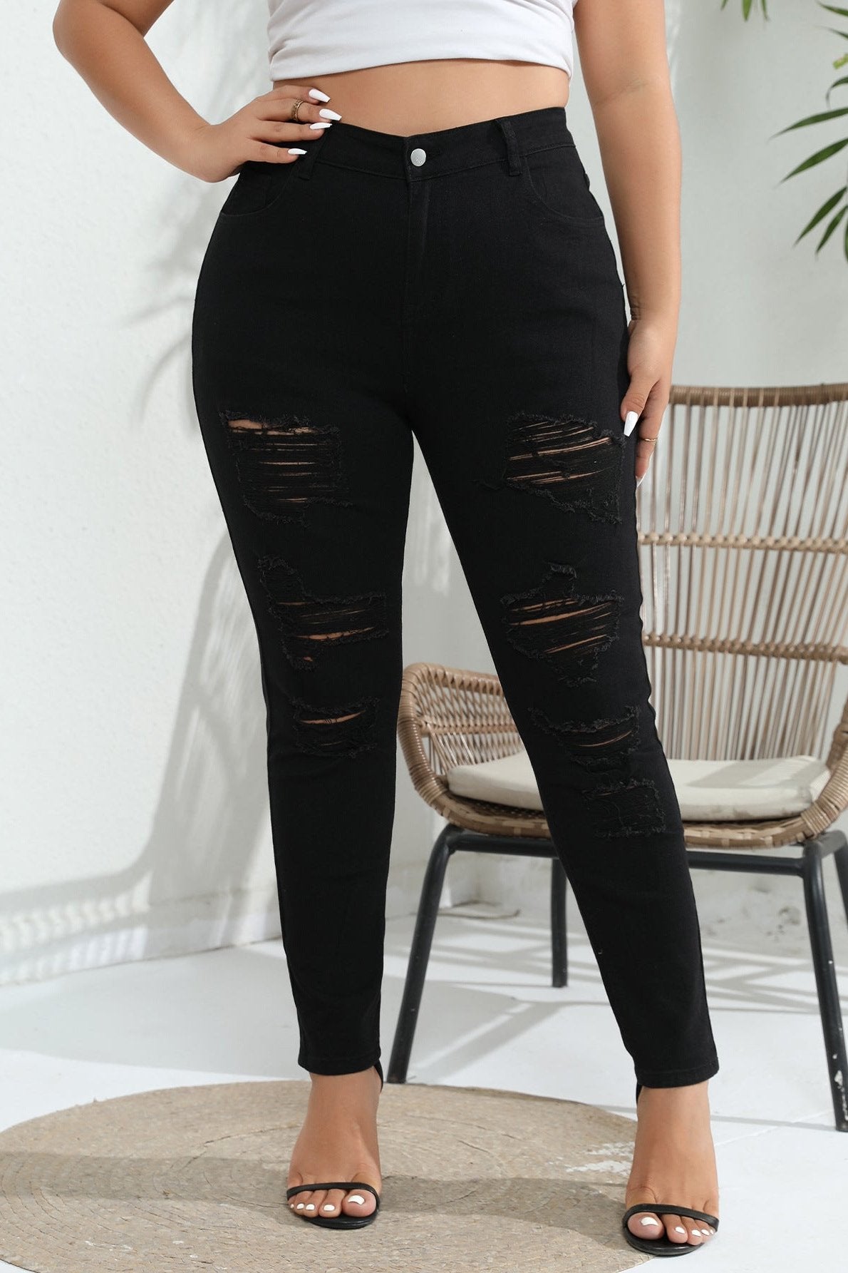 Woochic Pantalon grande taille mi-haut skinny déchiré denim stretch noir XL