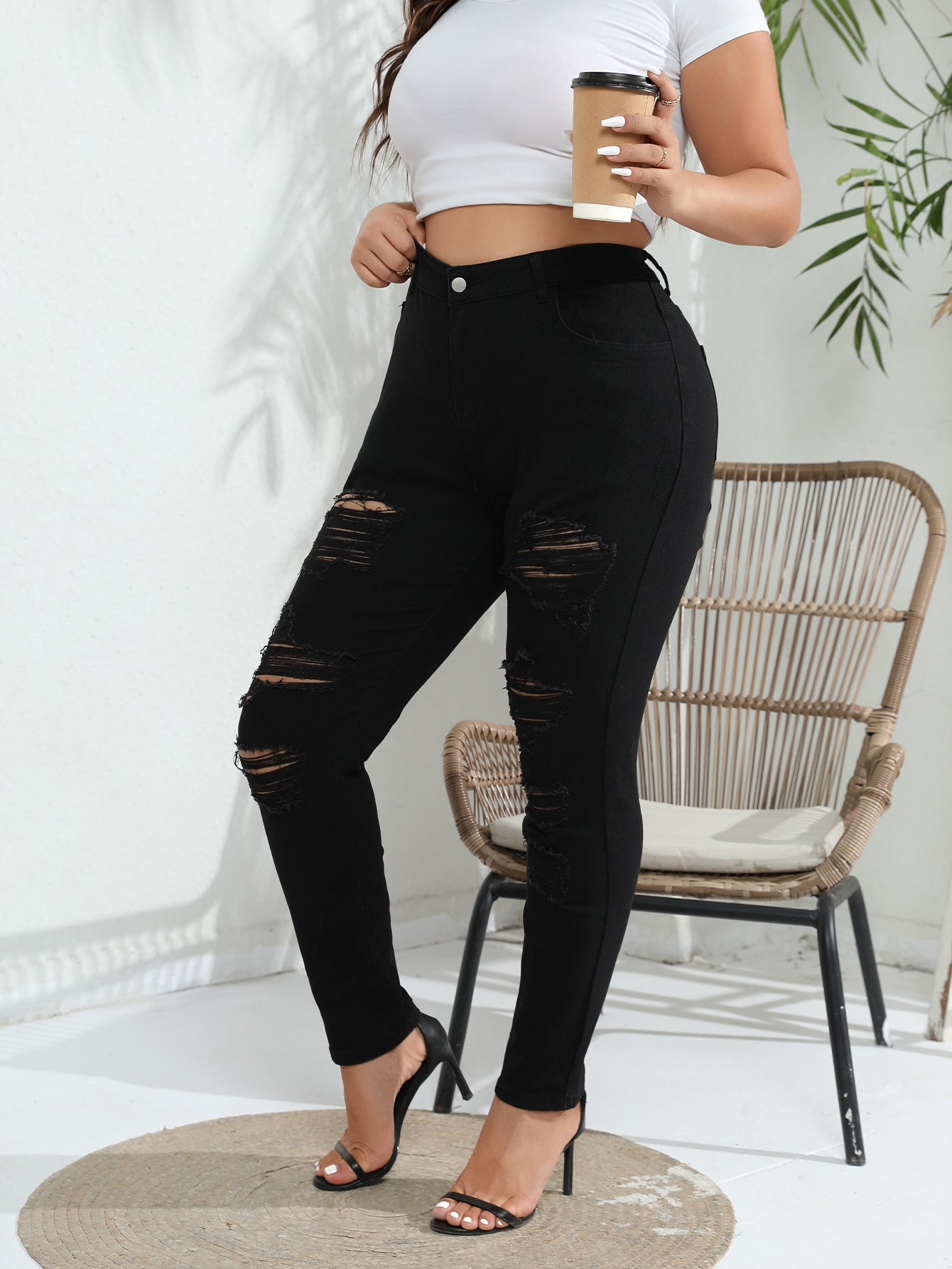 Woochic Pantalon grande taille mi-haut skinny déchiré denim stretch