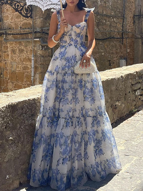 Woochic Robe De Soirée Longue Fleurie À Épaules Dénudées Bleu S