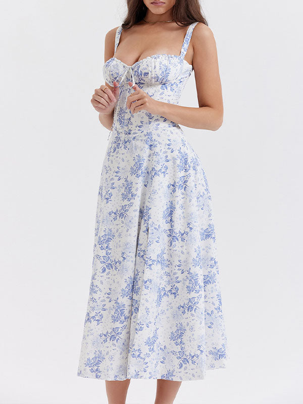Woochic Robe Fendue À Bretelles Fleuries fleurs bleues S
