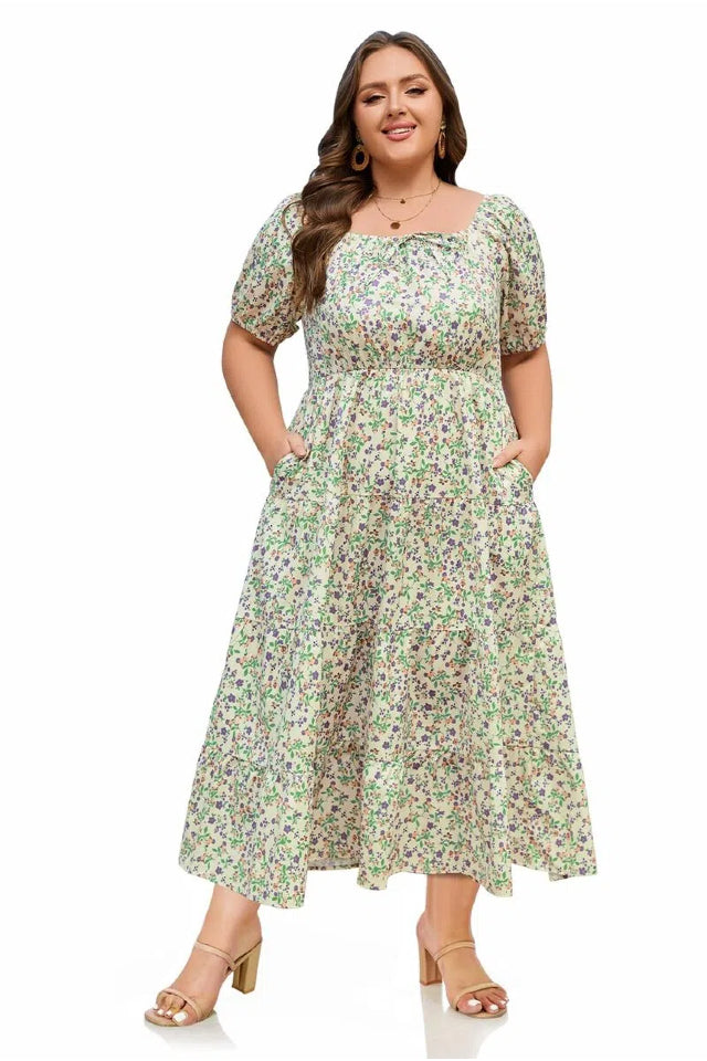 Woochic Robe Longue Bohème Femme Robe Festival Fleurie Grande Taille Manches Courtes Fleurie 01 1XL