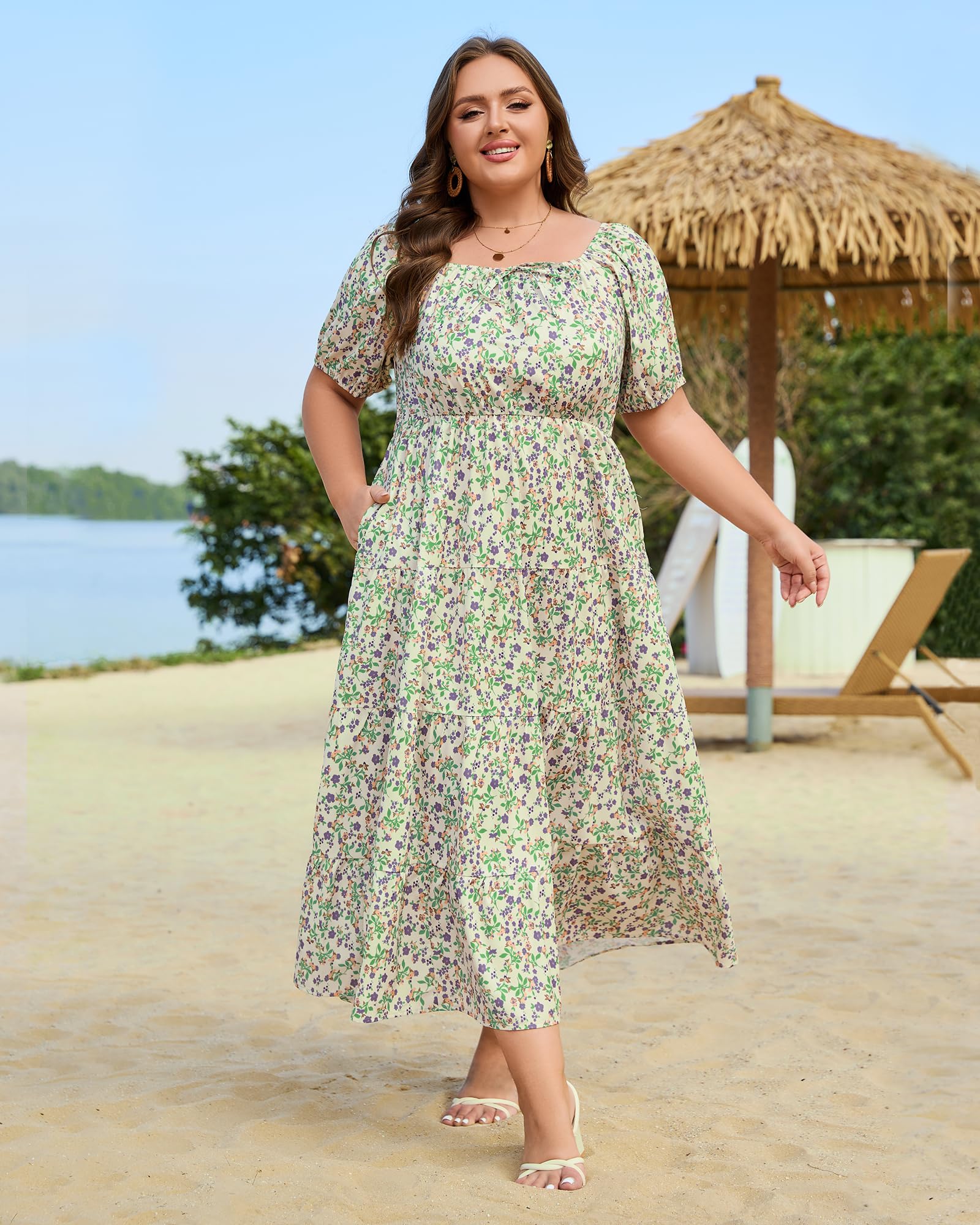 Woochic Robe Longue Bohème Femme Robe Festival Fleurie Grande Taille Manches Courtes