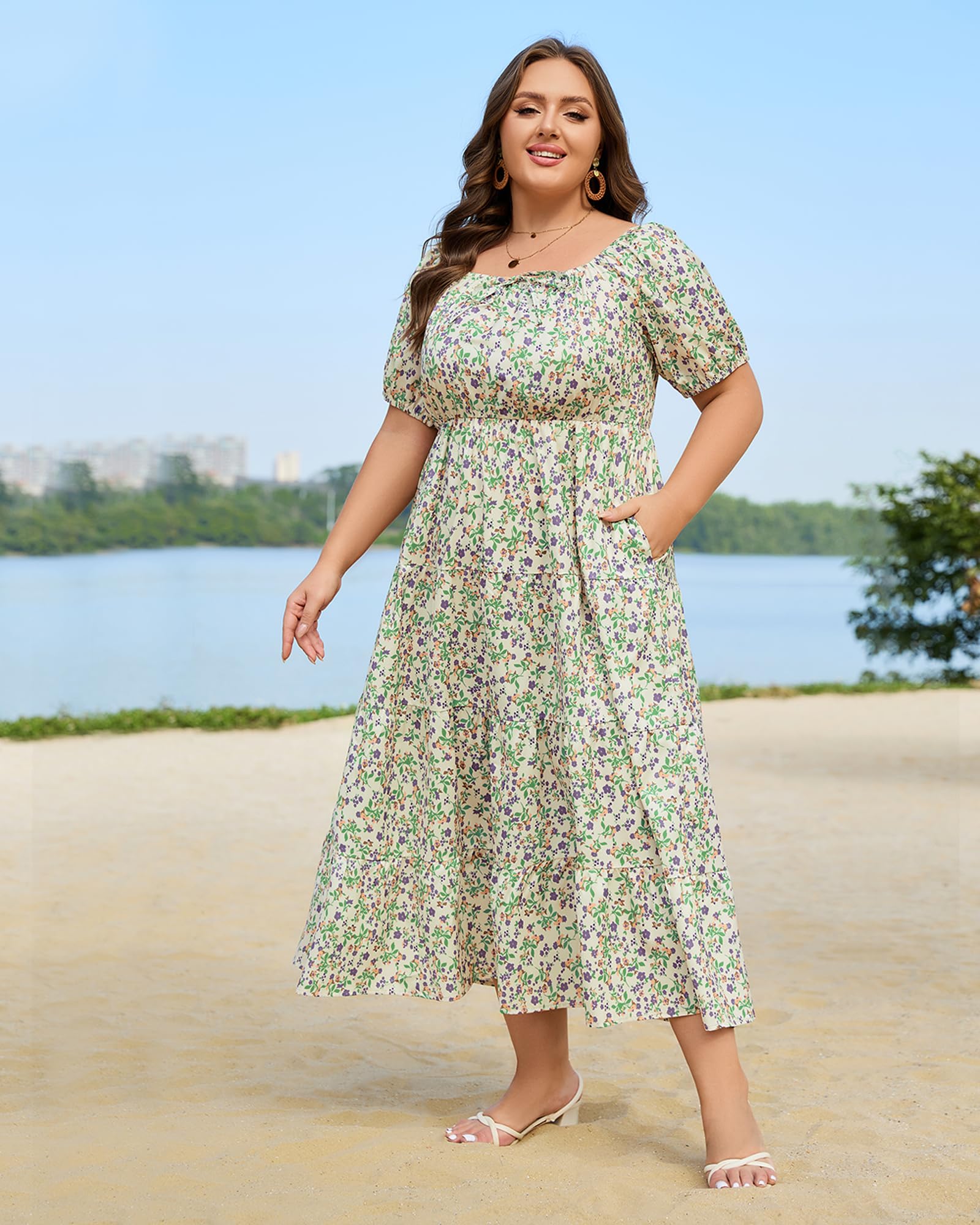 Woochic Robe Longue Bohème Femme Robe Festival Fleurie Grande Taille Manches Courtes