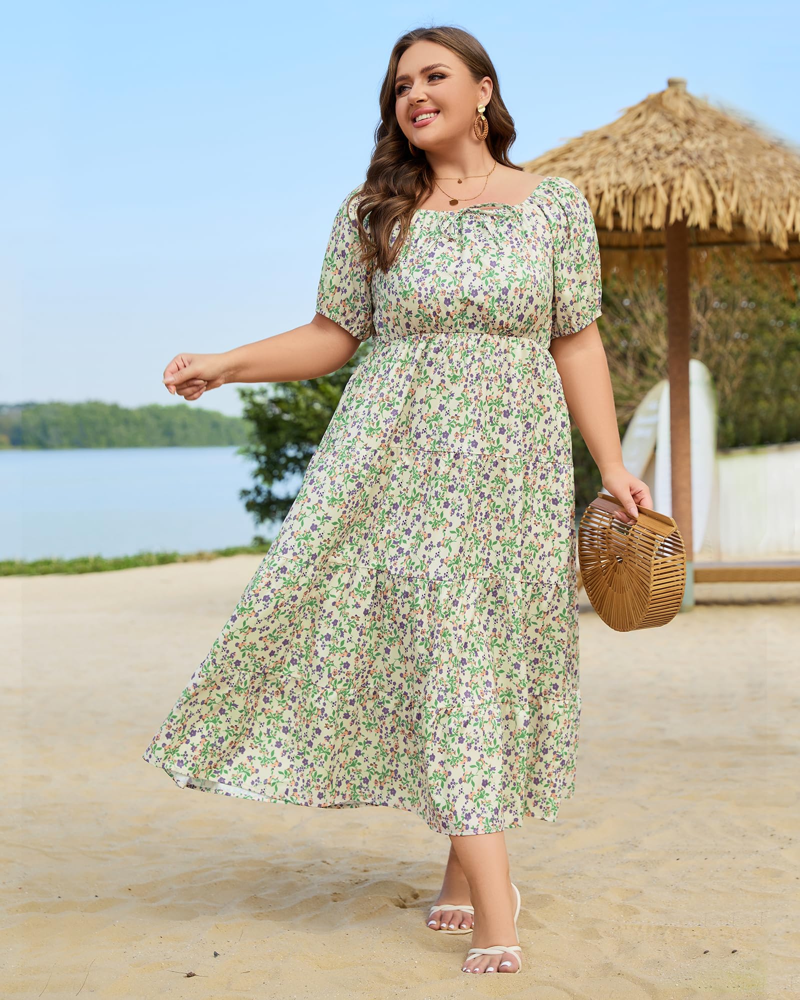 Woochic Robe Longue Bohème Femme Robe Festival Fleurie Grande Taille Manches Courtes