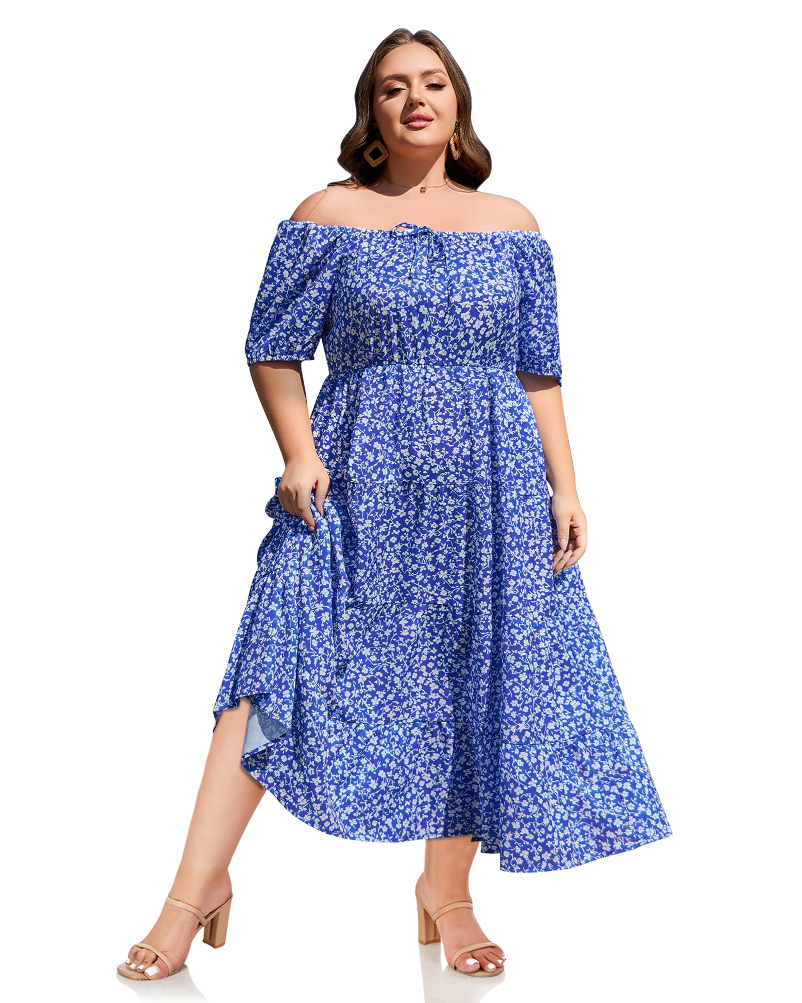 Woochic Robe Longue Bohème Femme Robe Festival Fleurie Grande Taille Manches Courtes Fleurie 02 1XL